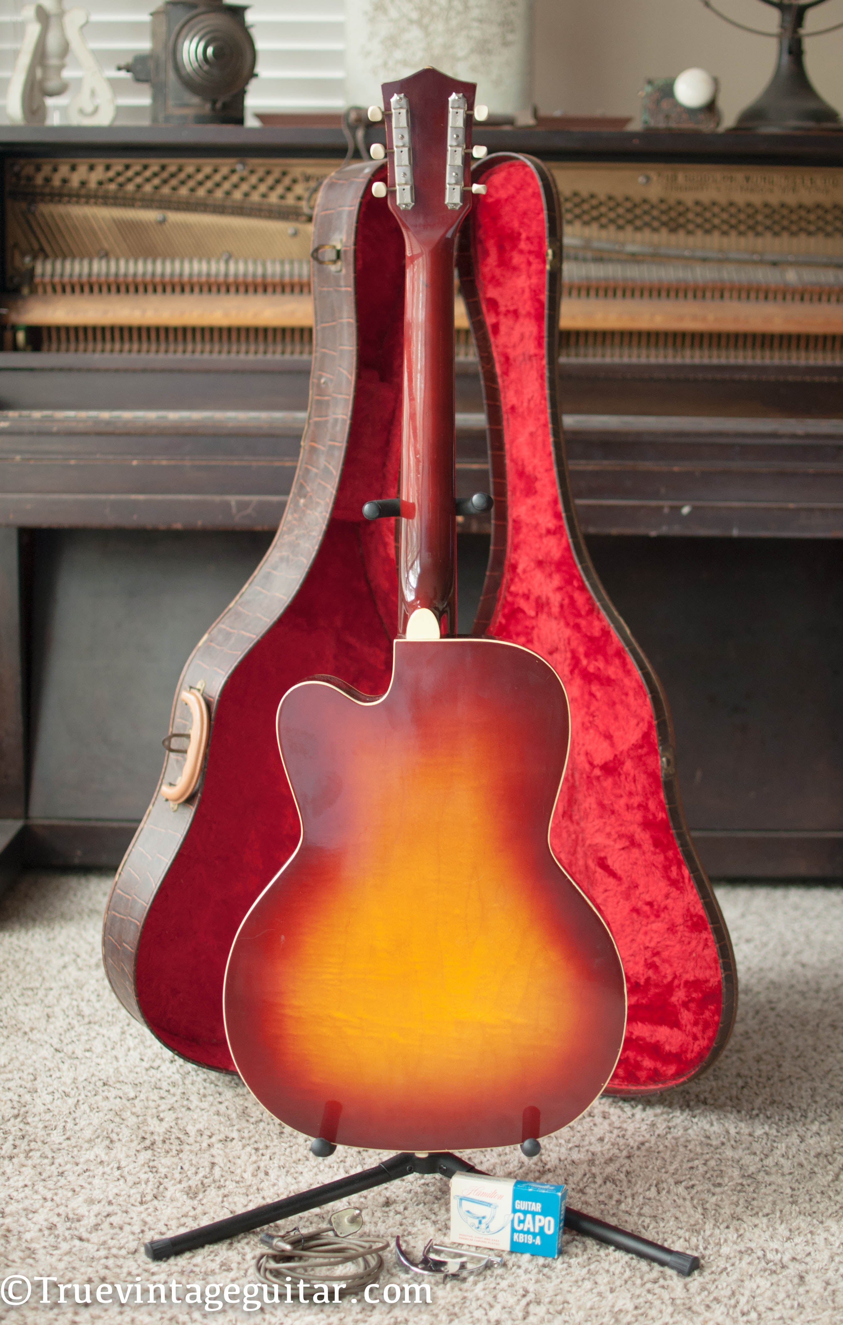 back of guitar, original case, vintage 1956 Silvertone 1382L electric guitar, kay thin twin