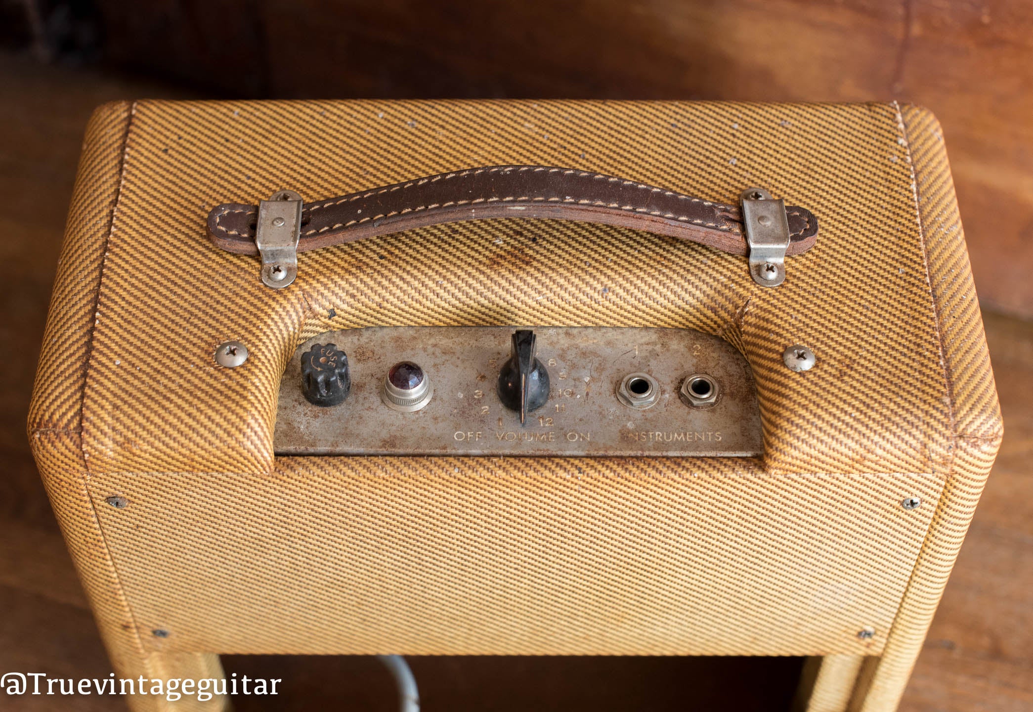 1957 Fender Champ Amp Tweed, control panel, leather handle