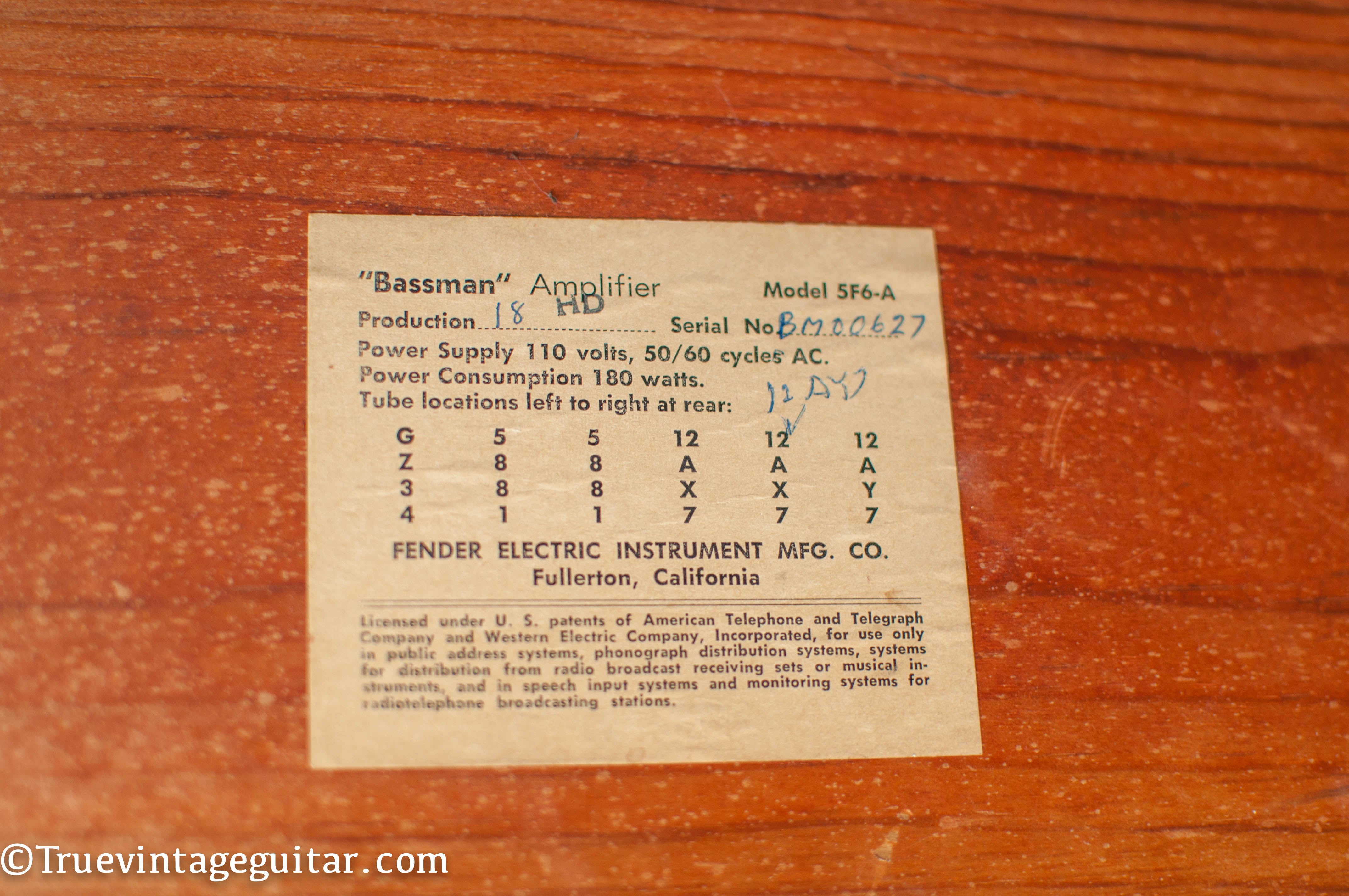 Tube chart, 1958 Fender Bassman amplifier