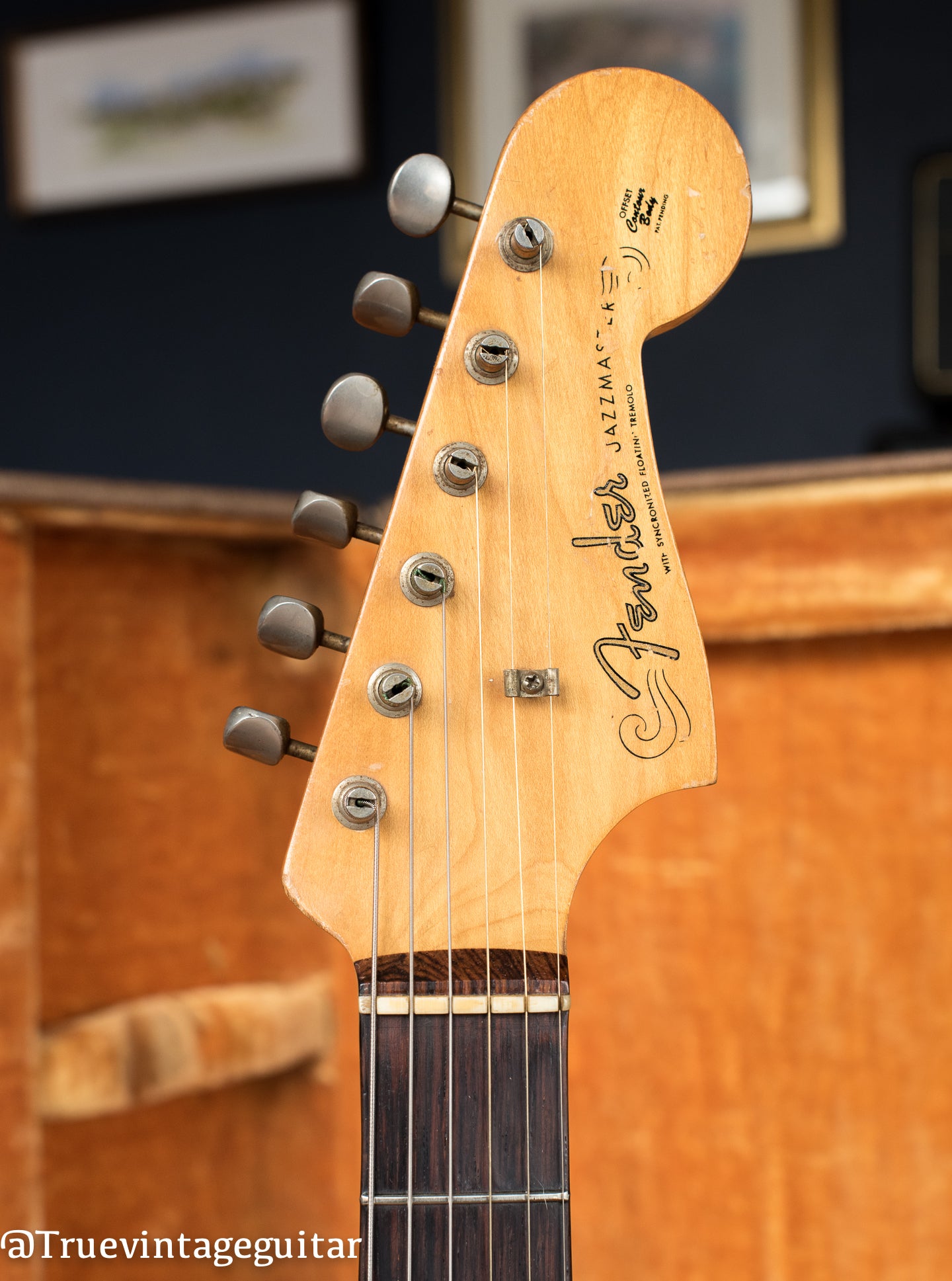 Headstock, spaghetti Fender logo, Vintage 1960 Fender Jazzmaster Sunburst electric guitar