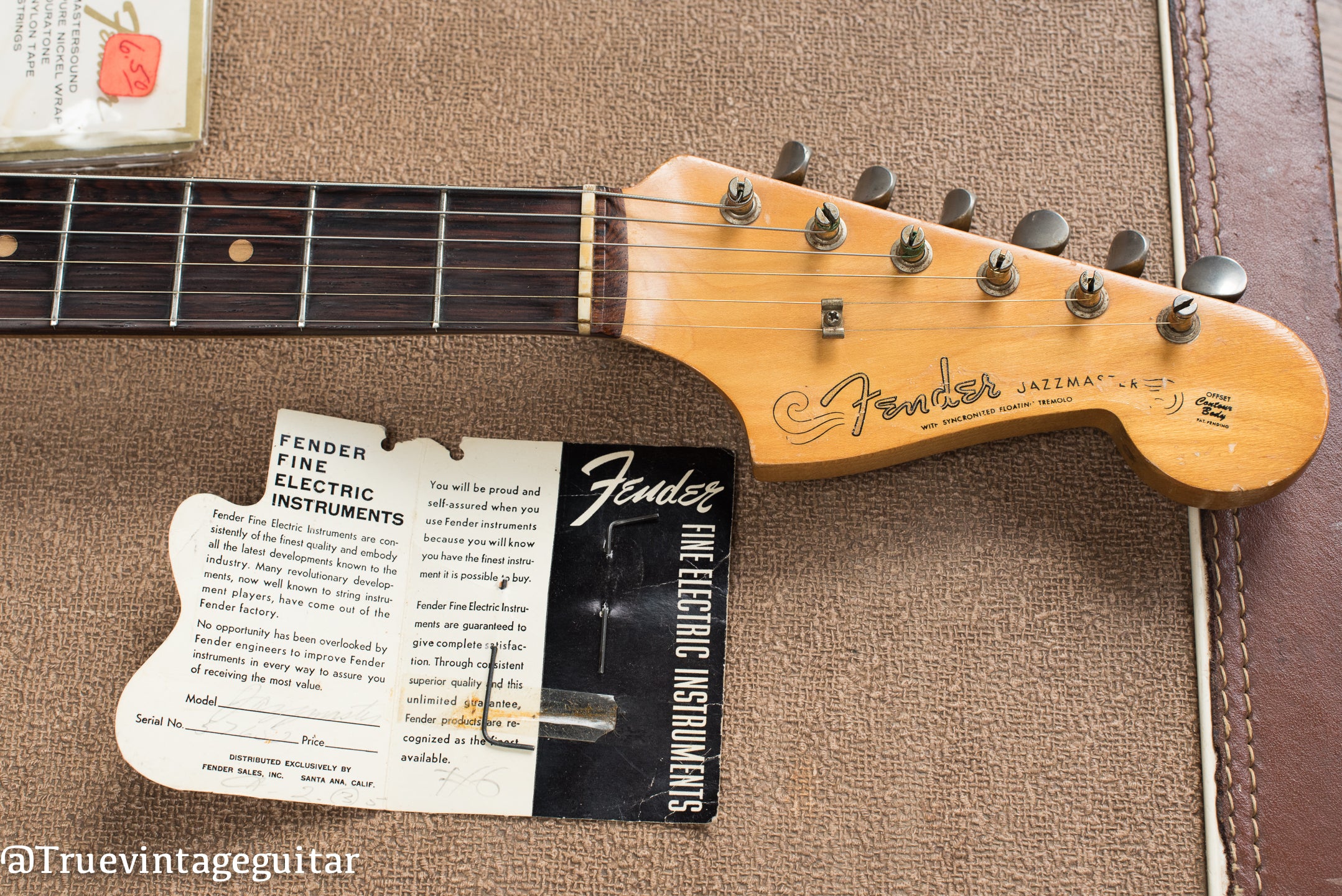 Headstock, original hang tag, Vintage 1960 Fender Jazzmaster Sunburst electric guitar