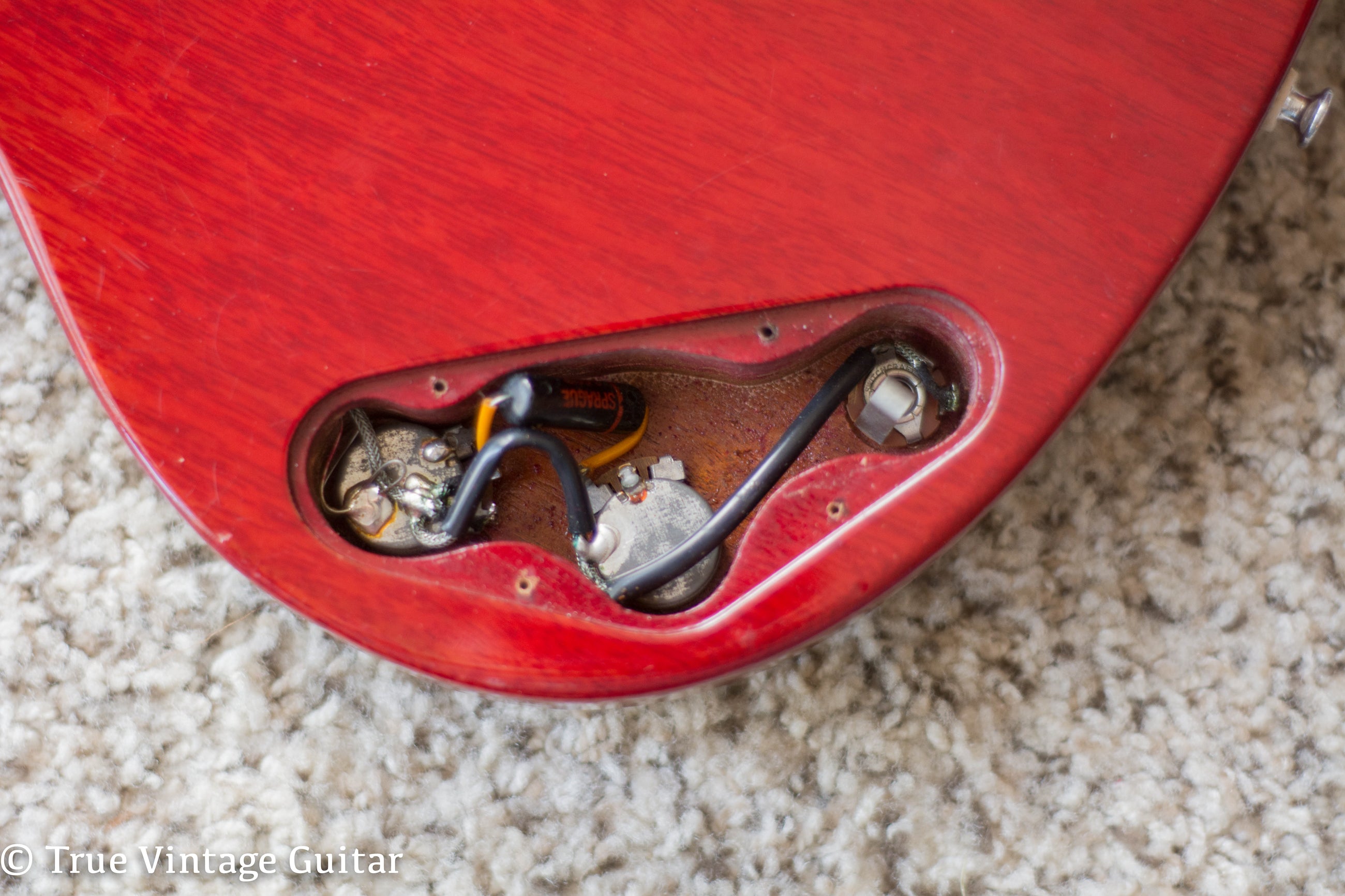 Control cavity, potentiometers, Vintage 1961 Gibson Les Paul Junior electric guitar