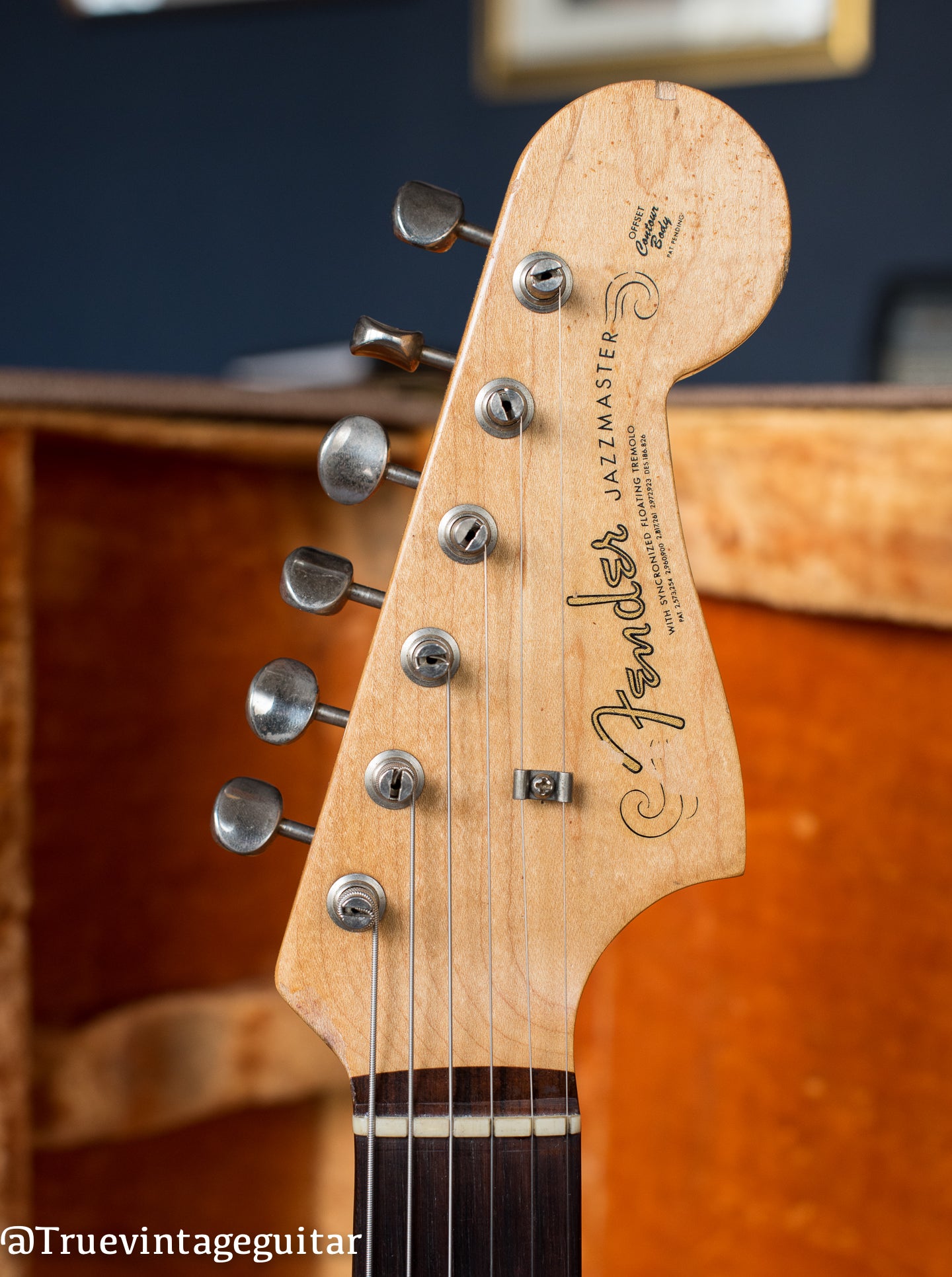 Headstock, spaghetti Fender logo, Vintage 1961 Fender Jazzmaster electric guitar