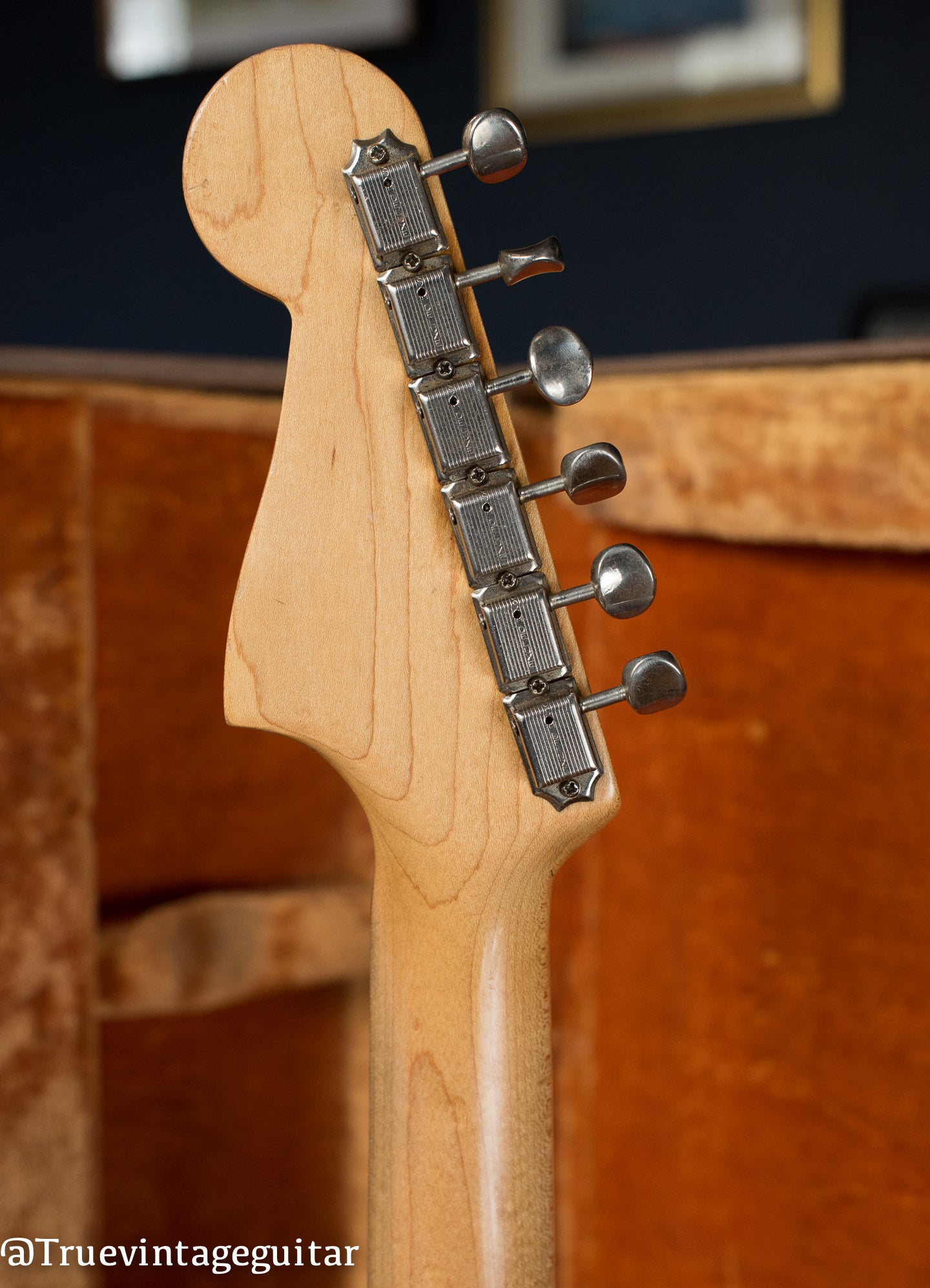 Kluson tuners, back of neck, Vintage 1961 Fender Jazzmaster electric guitar