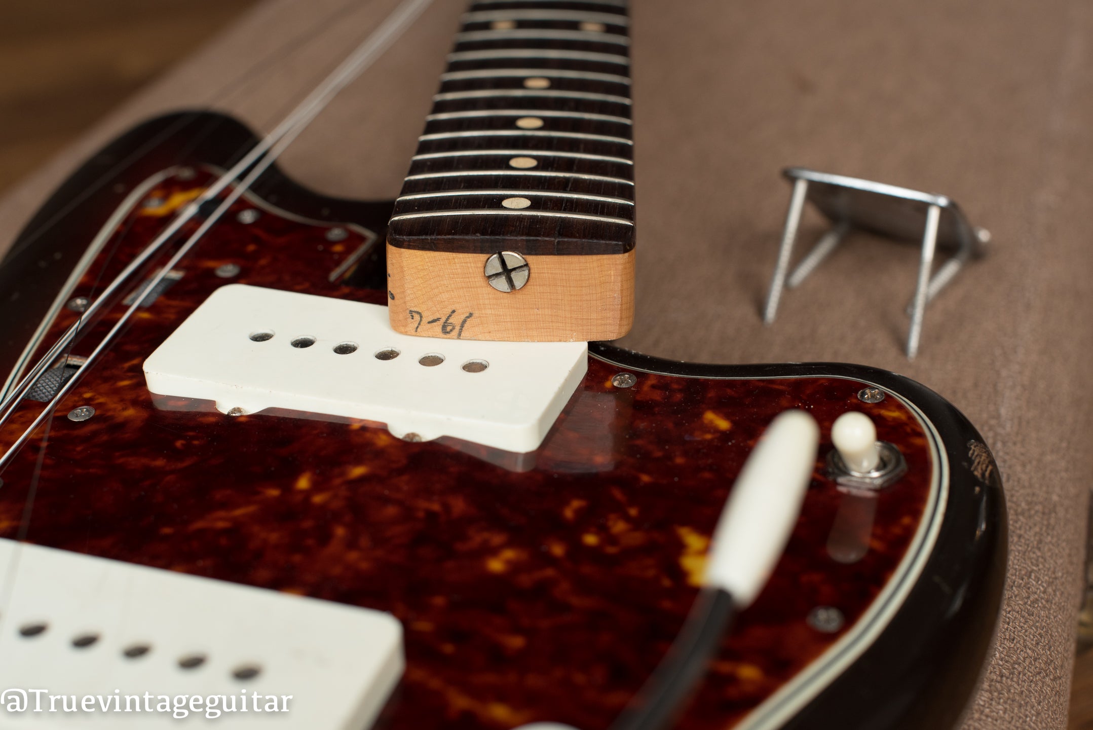 Pencil neck heel date, "7/61", July 1961 neck date, Vintage 1961 Fender Jazzmaster electric guitar