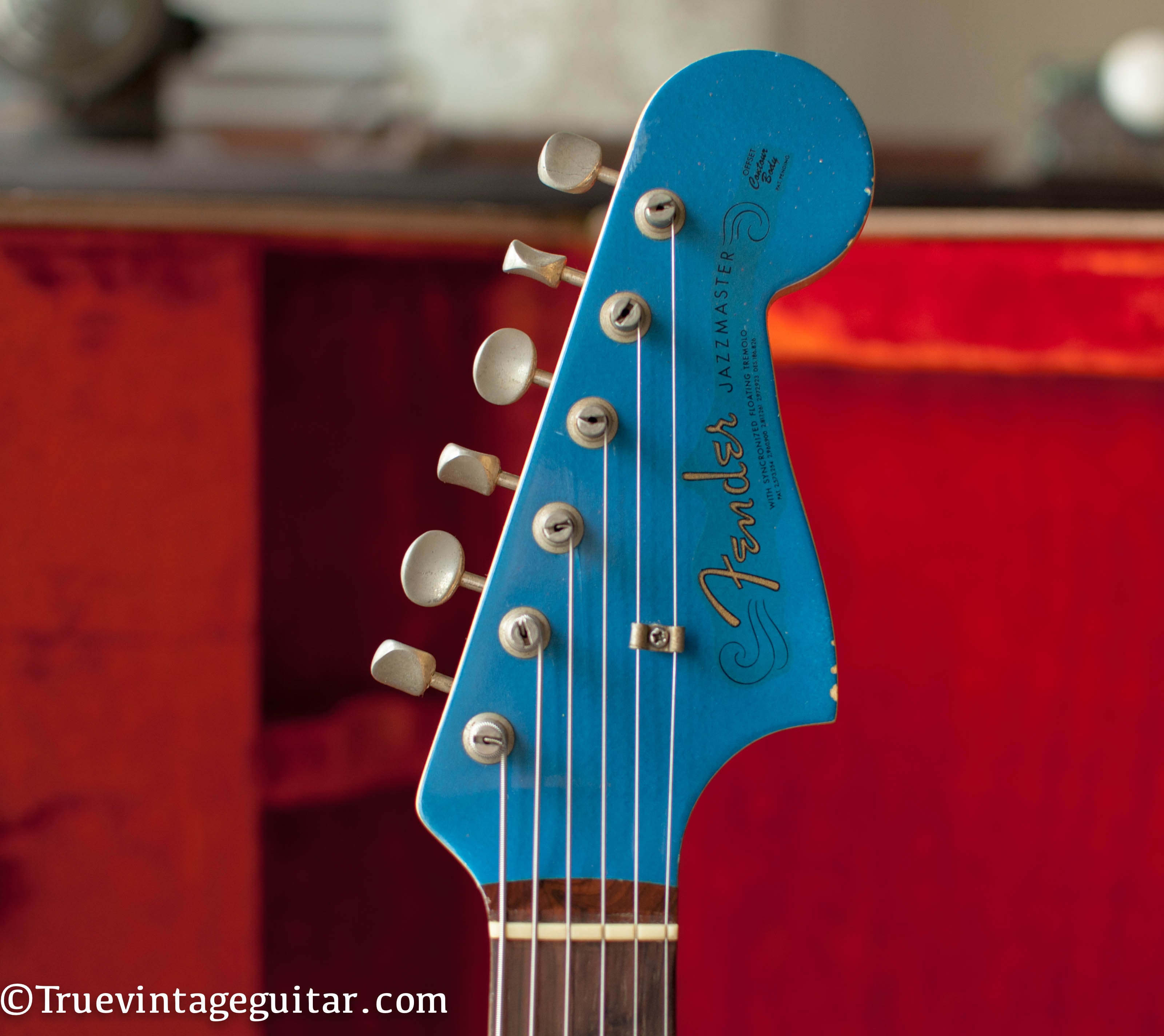 Matching headstock slab fretboard, Vintage 1962 Fender Jazzmaster electric guitar Lake Placid Blue Metallic custom color