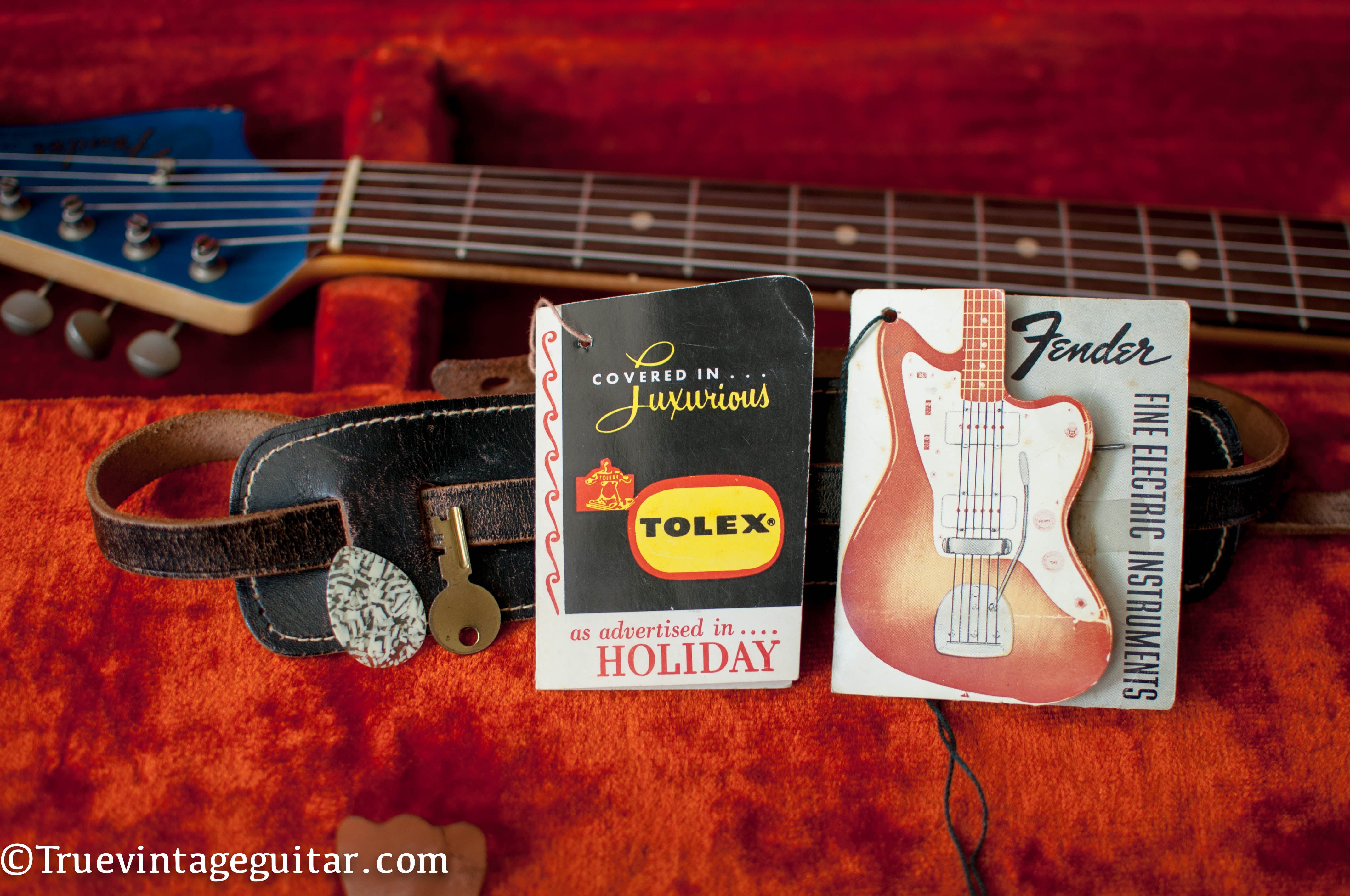 Hangtag, instruction manual, Tolex tag, Vintage 1962 Fender Jazzmaster electric guitar Lake Placid Blue Metallic custom color