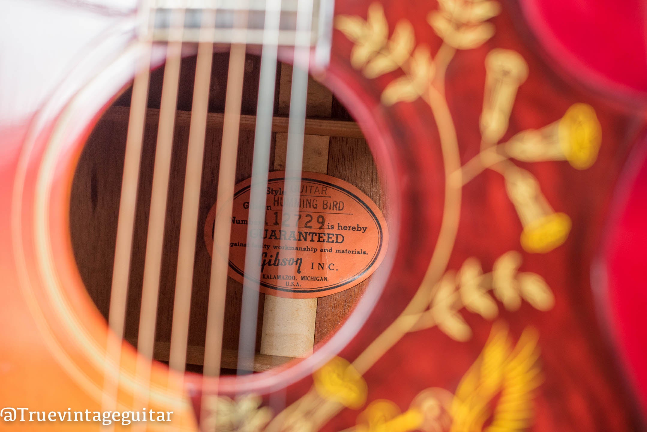 Orange paper label, vintage 1963 Gibson Hummingbird acoustic guitar