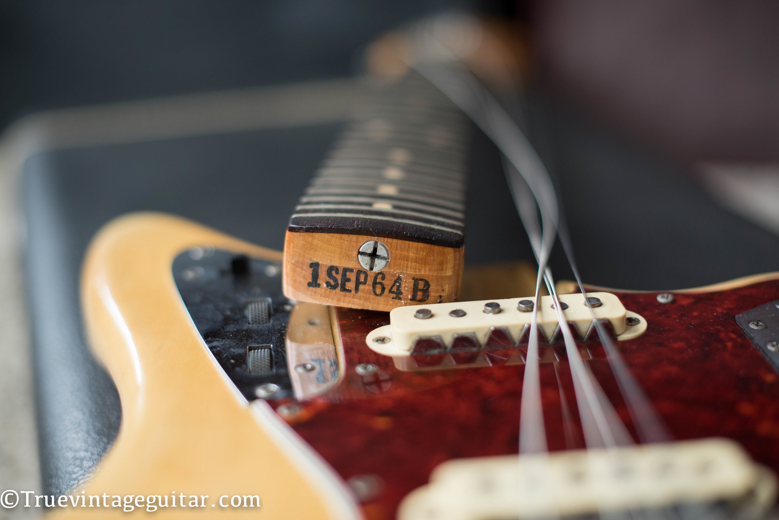 Neck heel stamp, 1SEP64B, Vintage 1964 Fender Jaguar electric guitar Blond finish Ash body