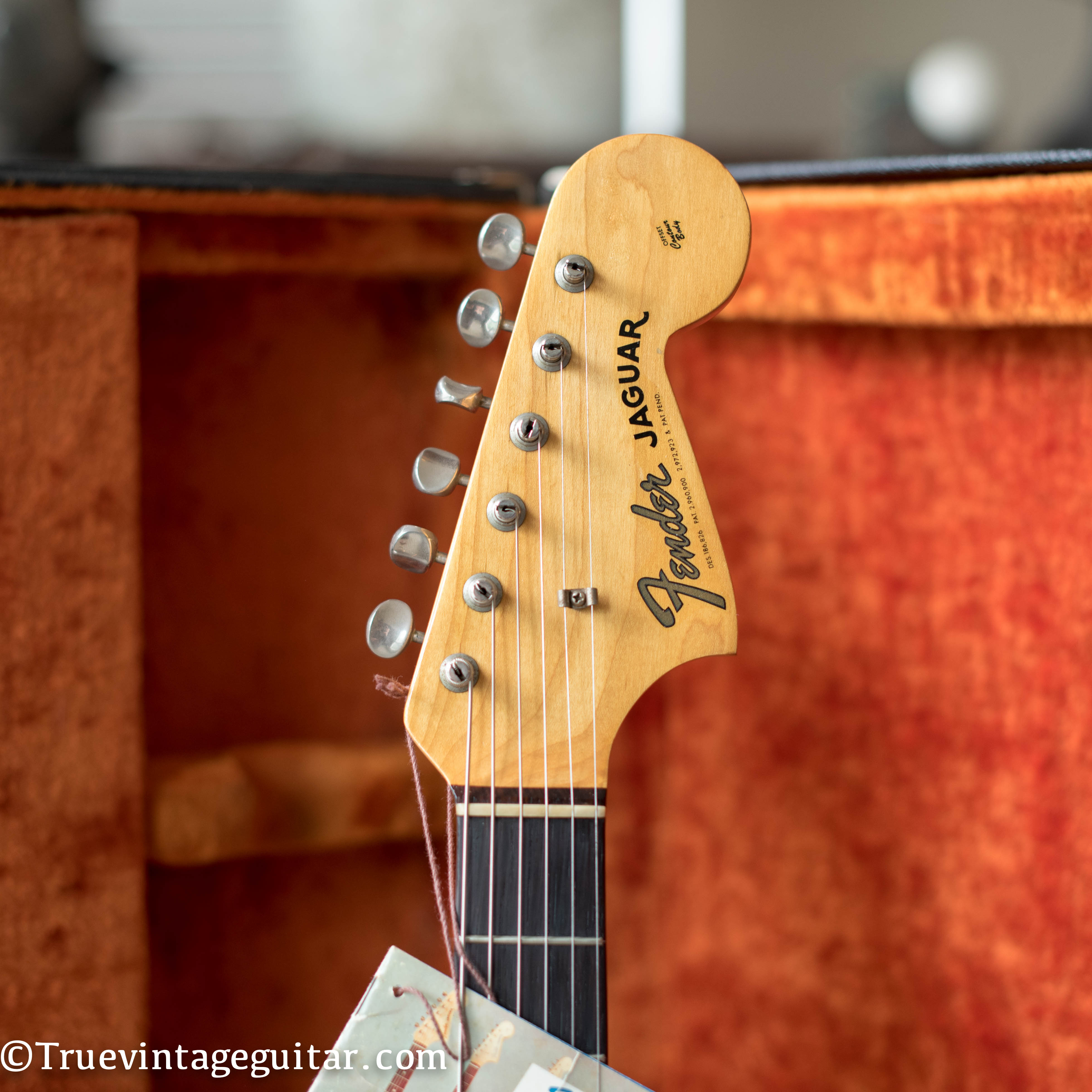 Headstock, Vintage 1964 Fender Jaguar electric guitar Blond finish Ash body