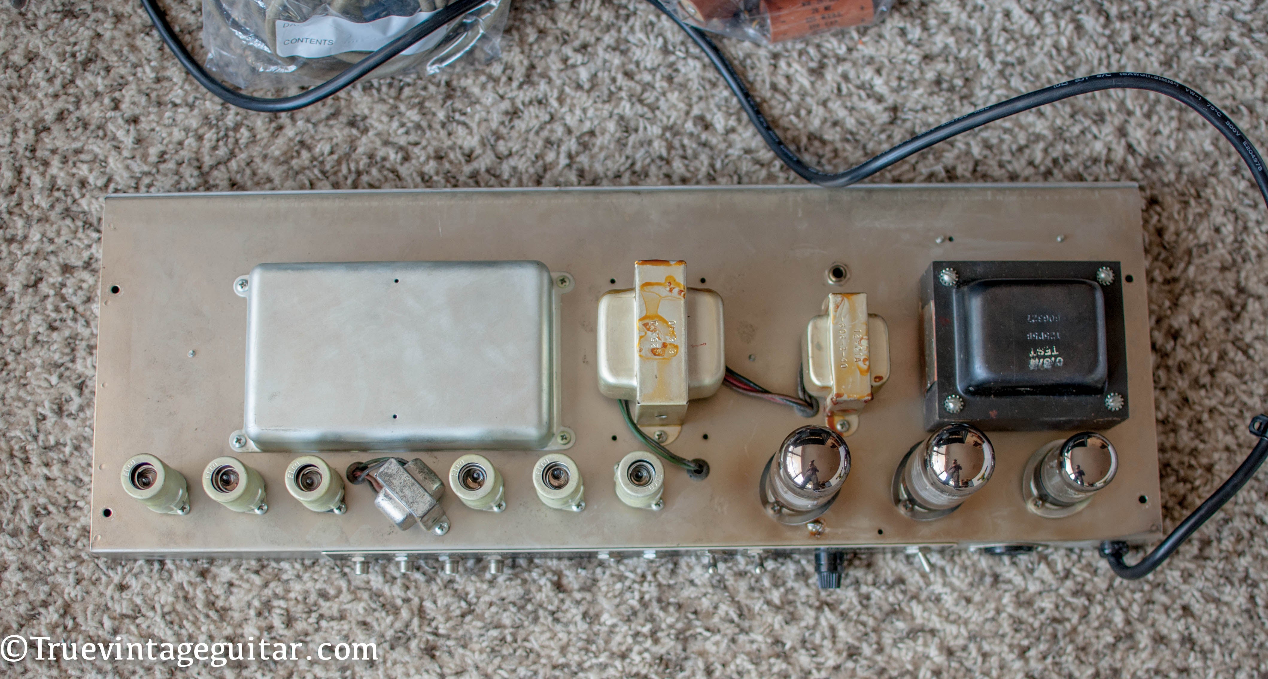 Output transformer, power transformer, chassis, Vintage 1964 Fender Vibroverb amp guitar amplifier