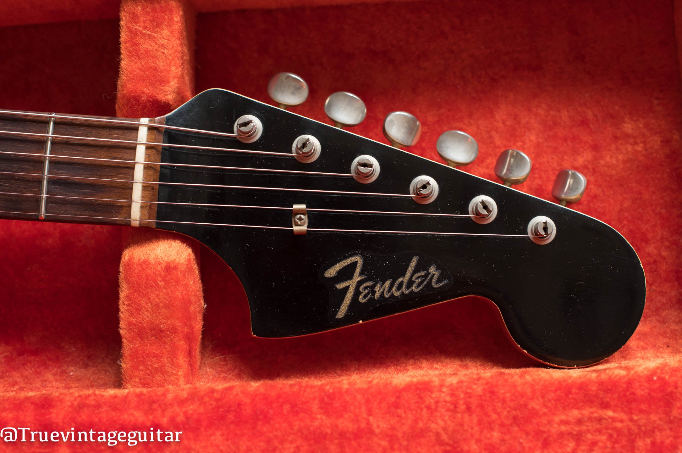 1964 Fender Jaguar Black, matching headstock, clipped Fender logo