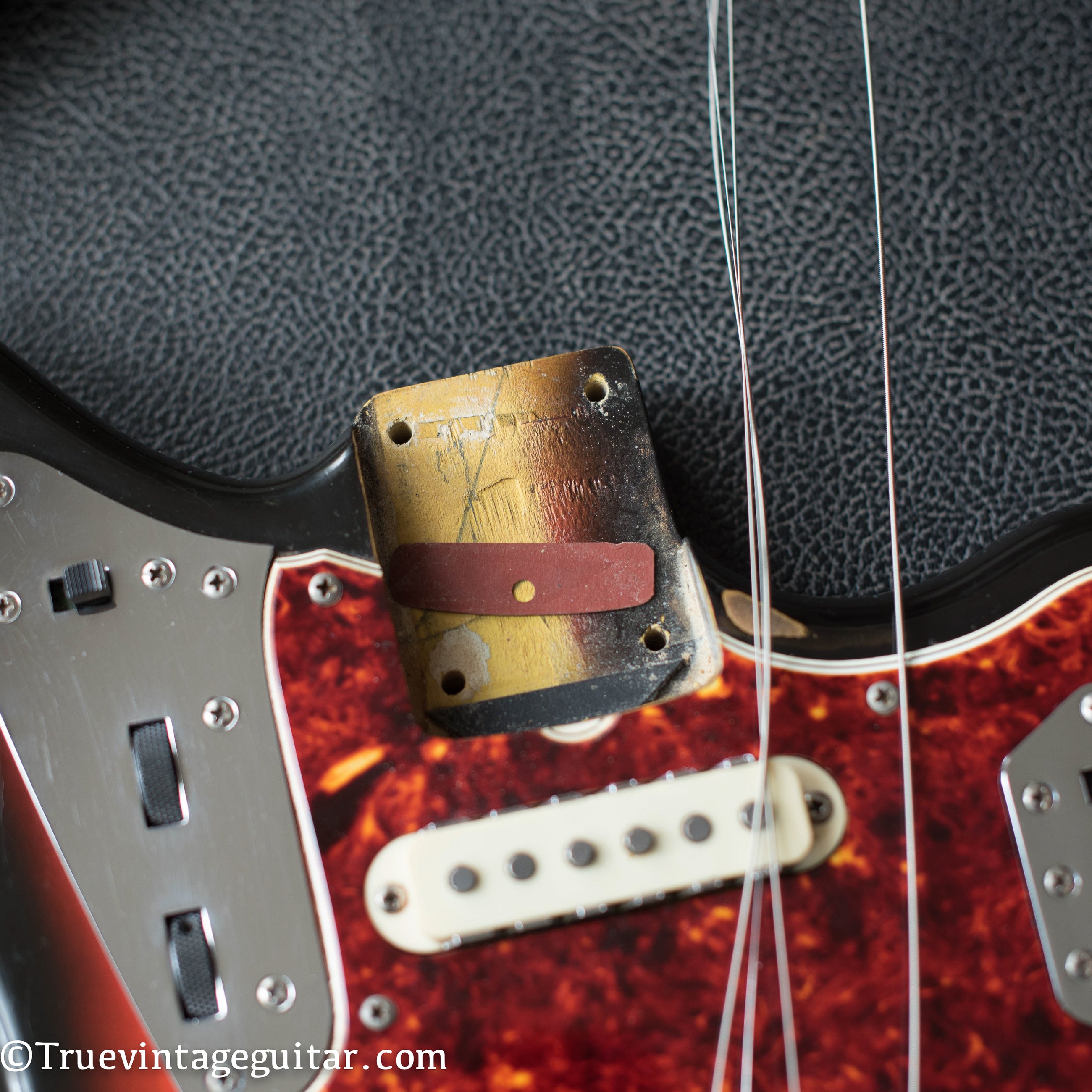 Neck pocket, paint stick mark, vintage 1965 Fender Jaguar