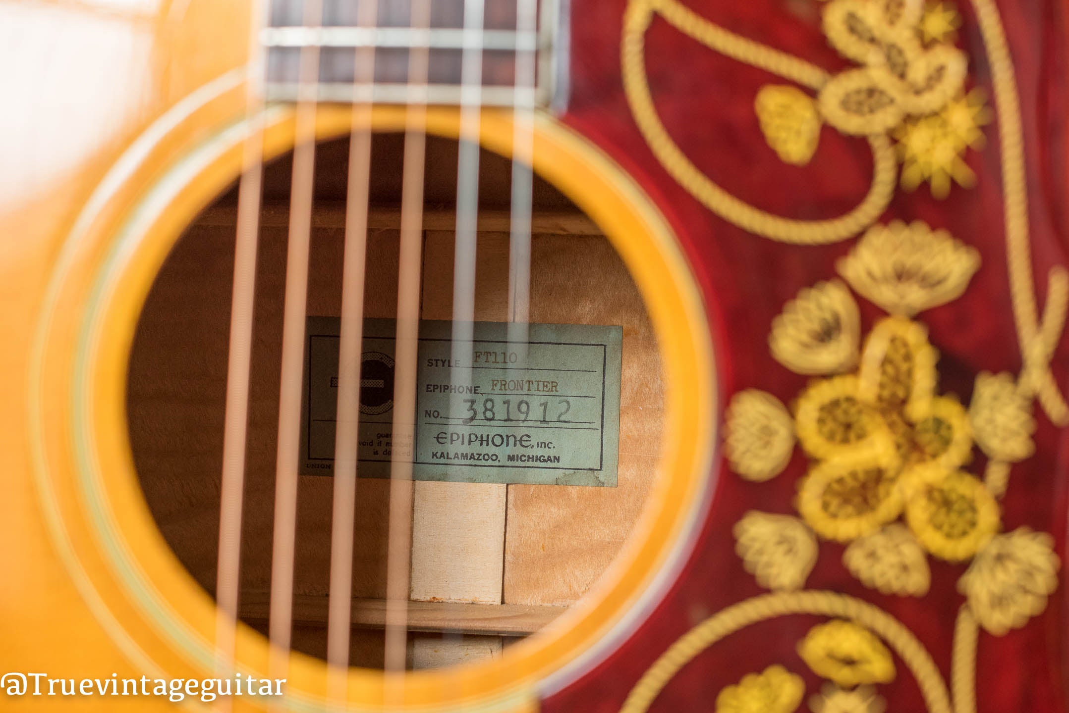 Blue interior label Vintage 1965 Epiphone FT-110 Frontier acoustic guitar