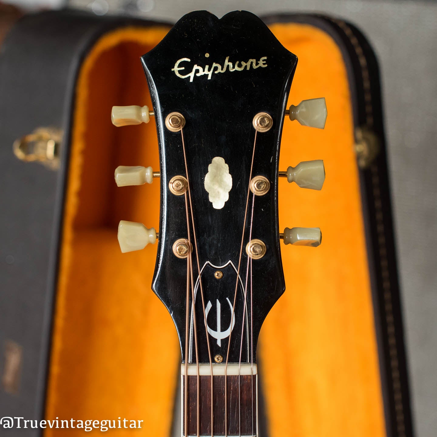 Headstock, Vintage 1965 Epiphone FT-110 Frontier acoustic guitar