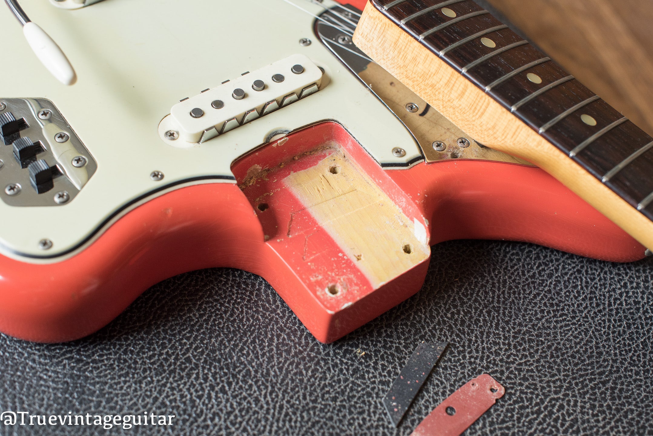 1965 Fender Jaguar Fiesta Red neck pocket with paint stick mark