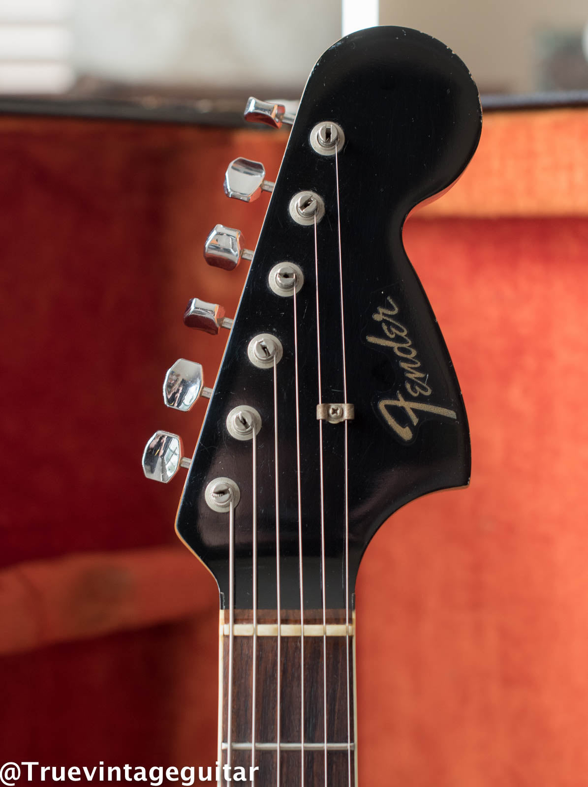 Black Matching headstock clipped Fender logo, 1966 Fender Jaguar Black