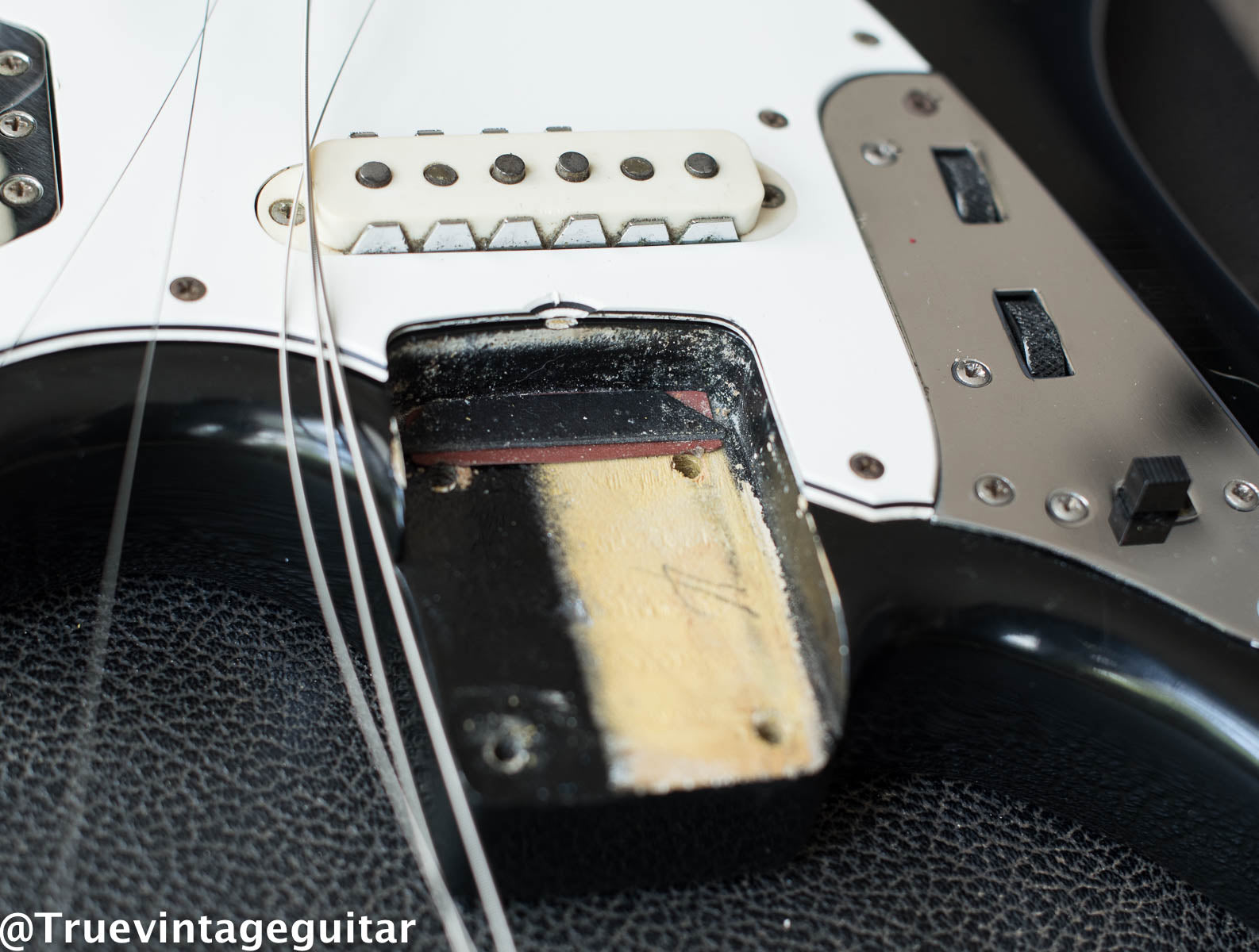 Neck pocket, paint stick mark, Vintage 1966 Fender custom color Black Jaguar