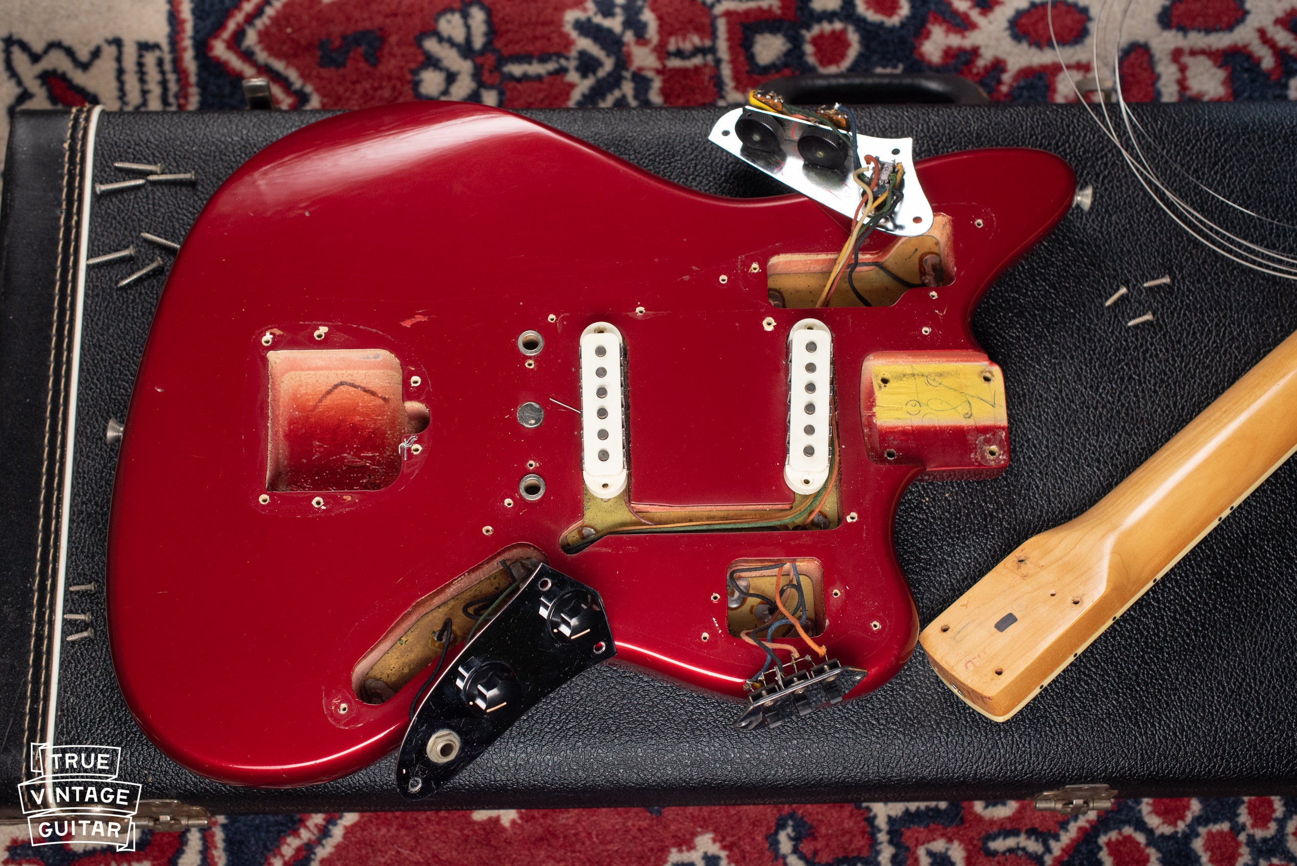 Neck pocket, control cavity, under pickguard, custom color Candy Apple Red Fender guitar