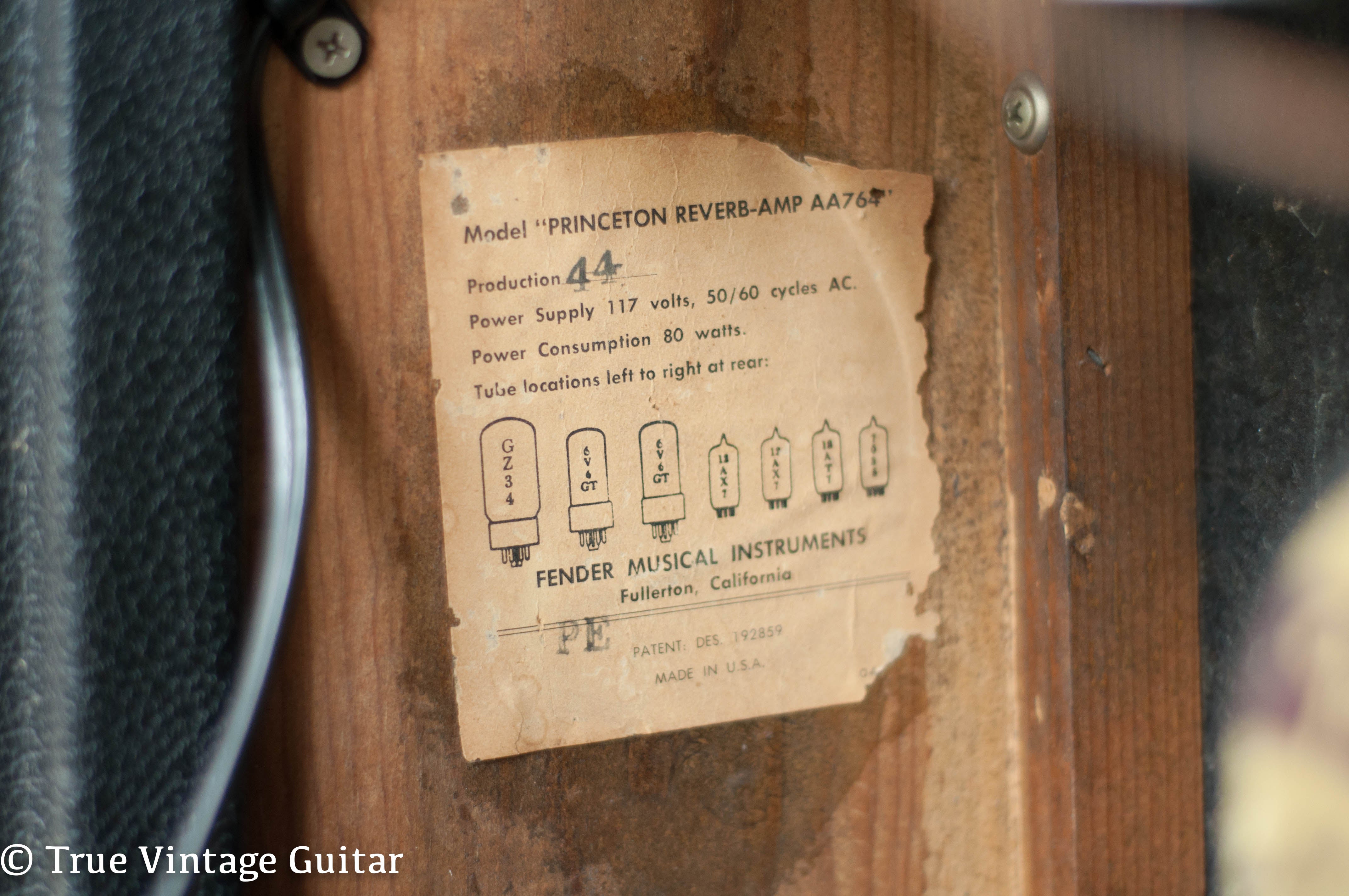 Tube Chart, Vintage 1966 Fender Princeton Reverb guitar amp