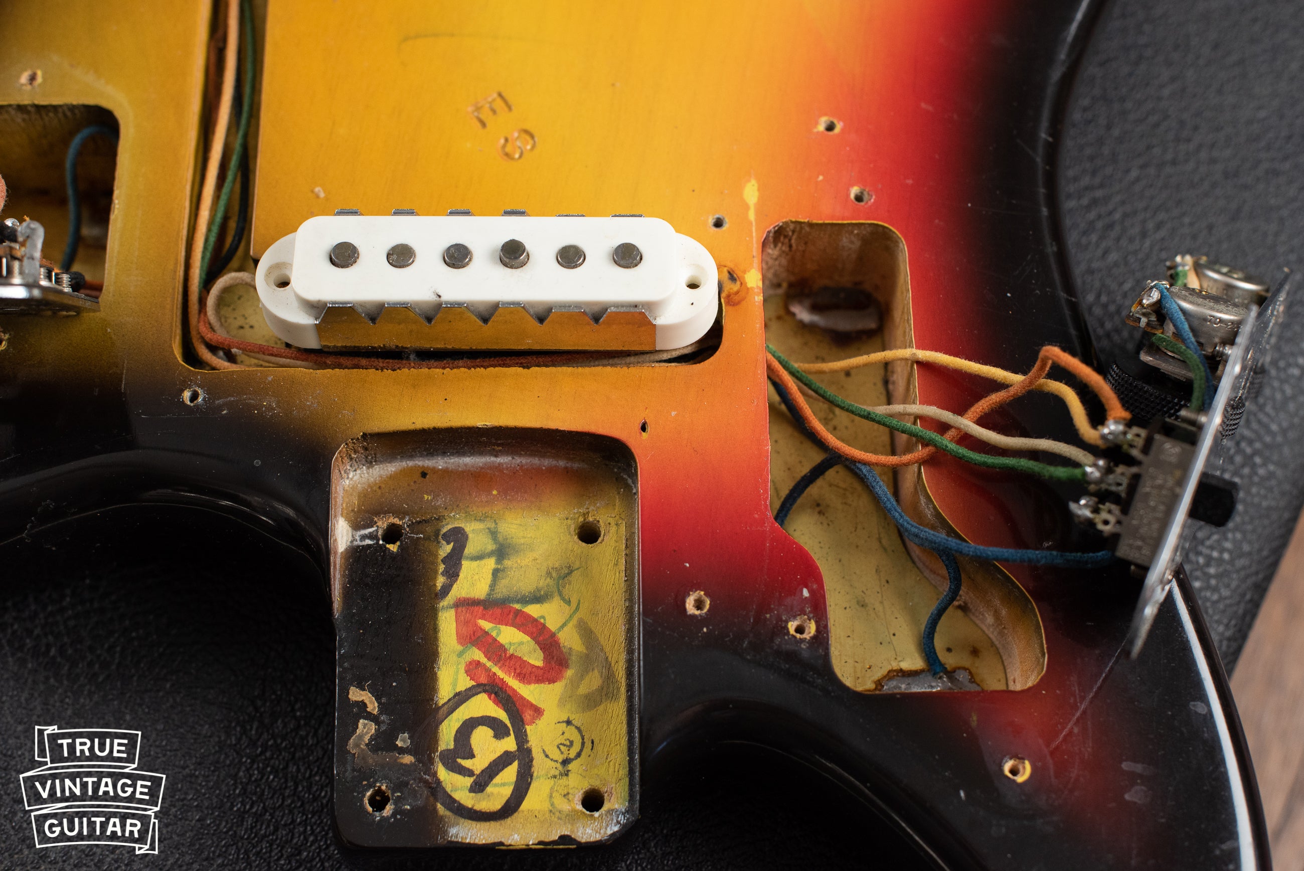 Vintage 1966 Fender Jaguar neck pocket, paint stick mark