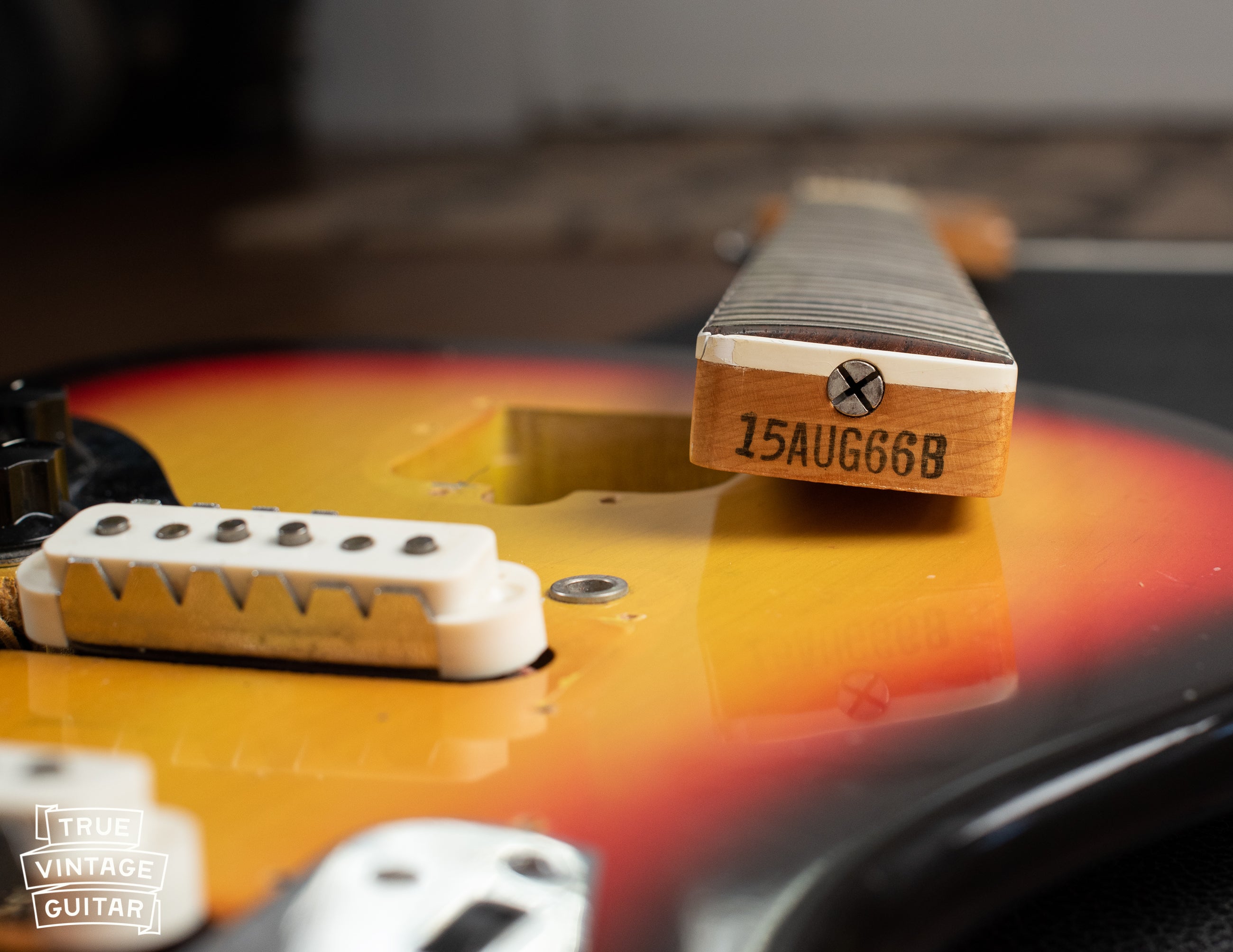Neck heel date stamp, vintage 1966 Fender guitar, 15AUG66B