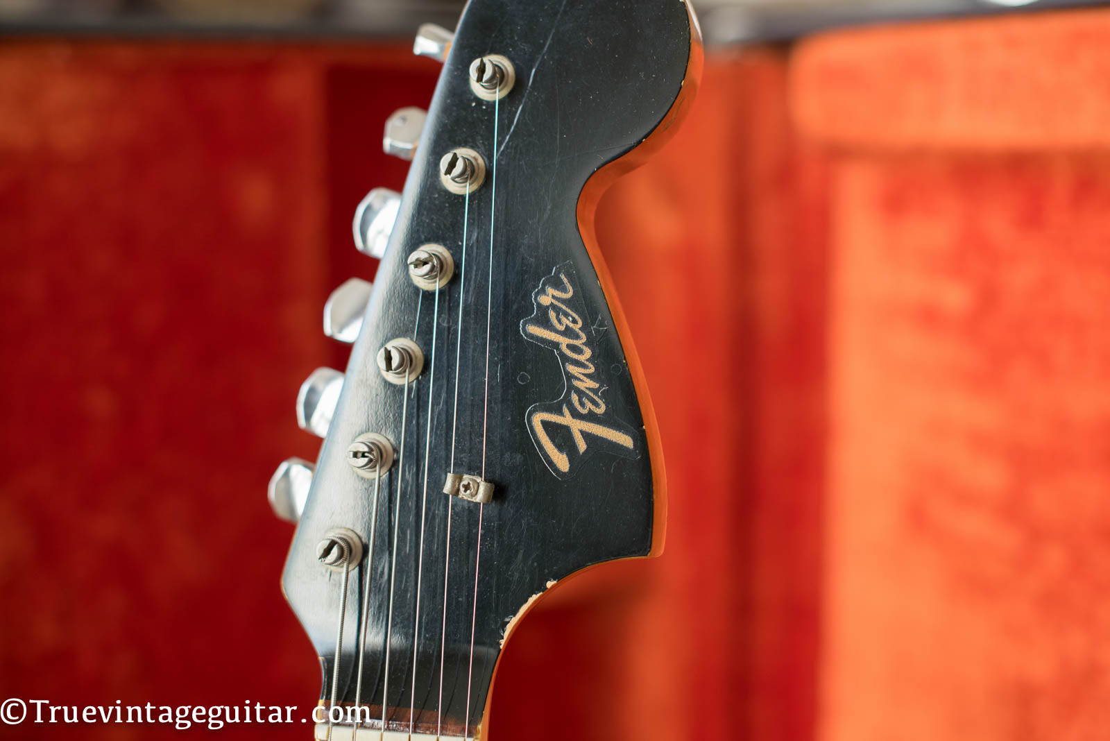 Clipped Fender logo, Black matching headstock, custom color, Vintage 1966 Fender Jaguar electric guitar custom color Black matching headstock