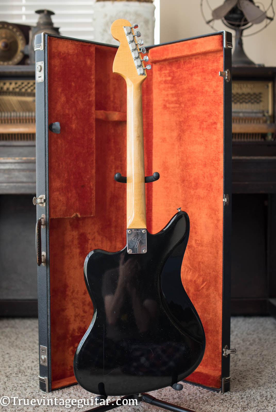 Vintage 1966 Fender Jaguar electric guitar custom color Black matching headstock