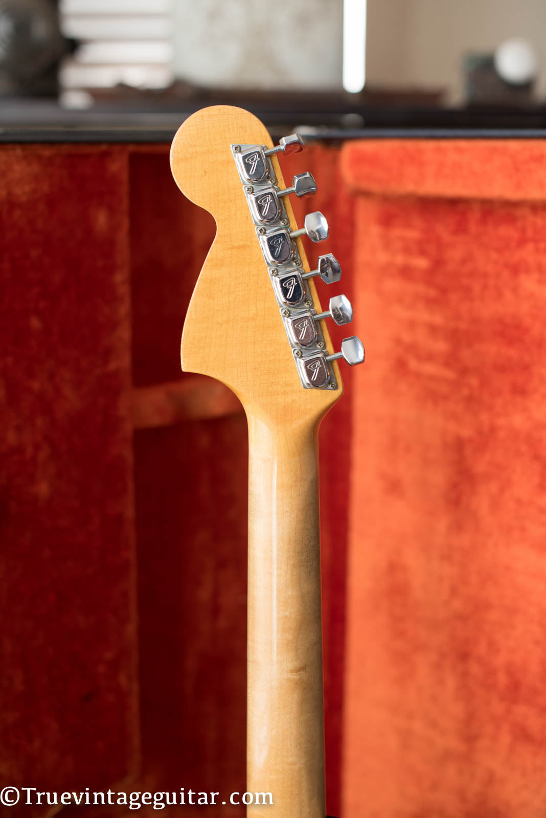 F logo tuners, back of neck, Vintage 1966 Fender Jaguar electric guitar custom color Black matching headstock