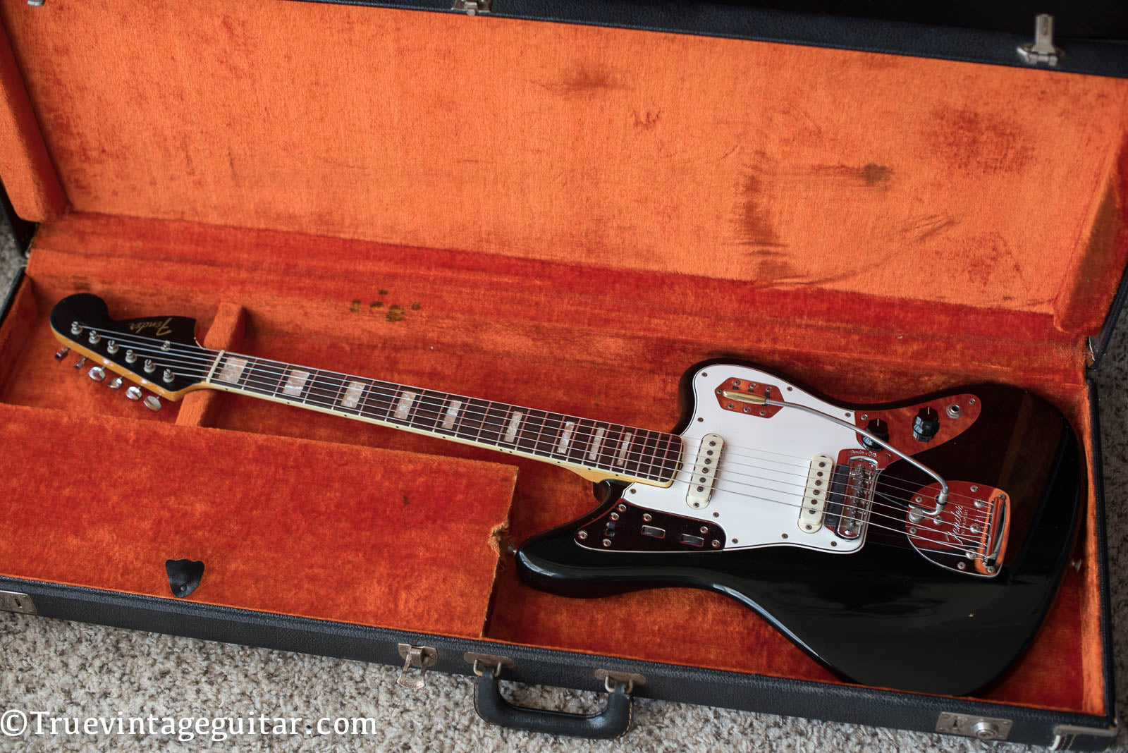 Vintage 1966 Fender Jaguar electric guitar custom color Black matching headstock in original case