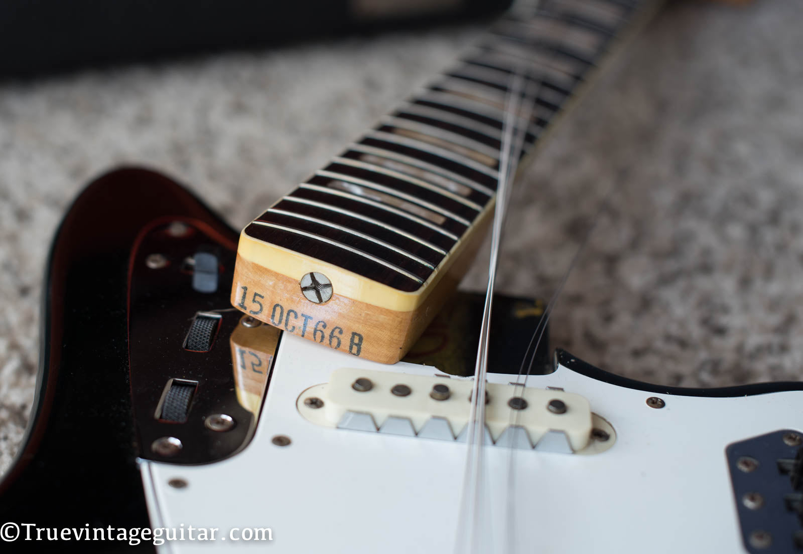 Neck heel date stamp, 13OCT66B, Vintage 1966 Fender Jaguar electric guitar custom color Black matching headstock