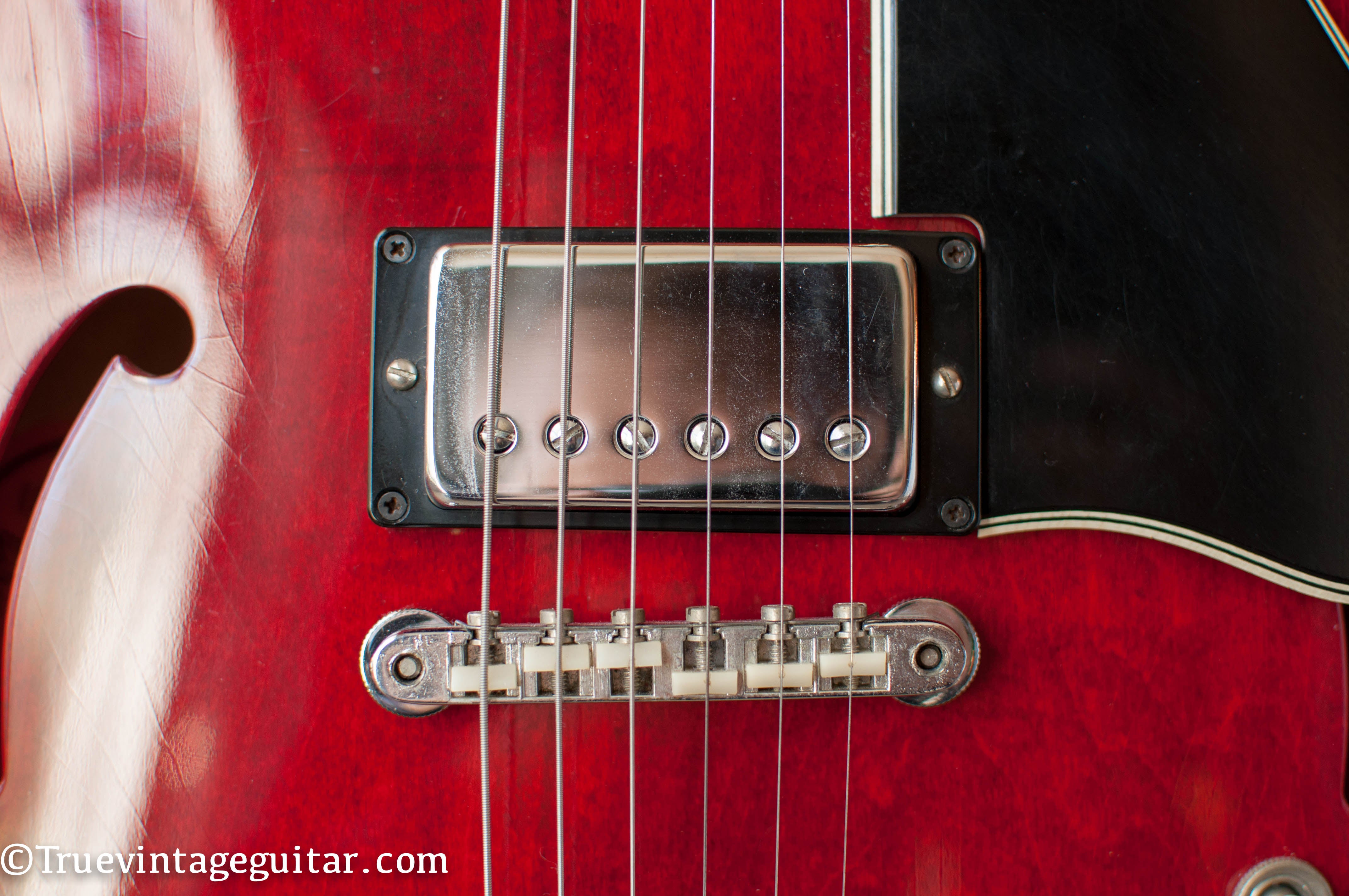 Humbucking pickup, patent sticker, nylon saddle tune-o-matic bridge, Vintage 1967 Gibson ES-335 Cherry red electric guitar