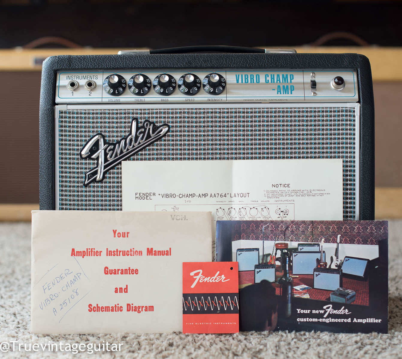 Original Fender amplifier instruction manual, schematic, Tolex tag, 1968 Fender Vibro Champ amp