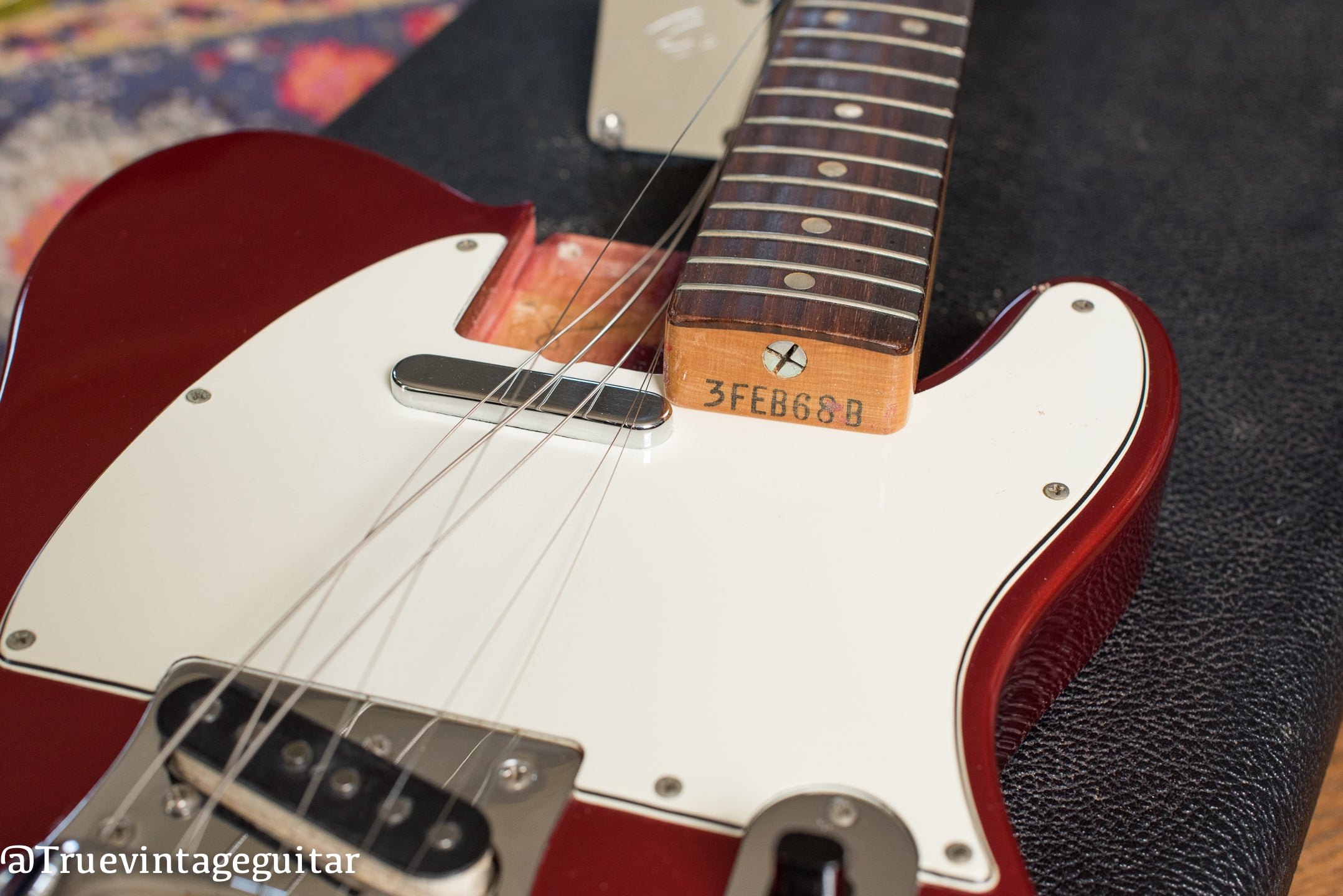 Neck stamp, date stamp, "3FEB68B", Vintage 1968 Fender Telecaster Candy Apple Red Metallic Bigsby electric guitar