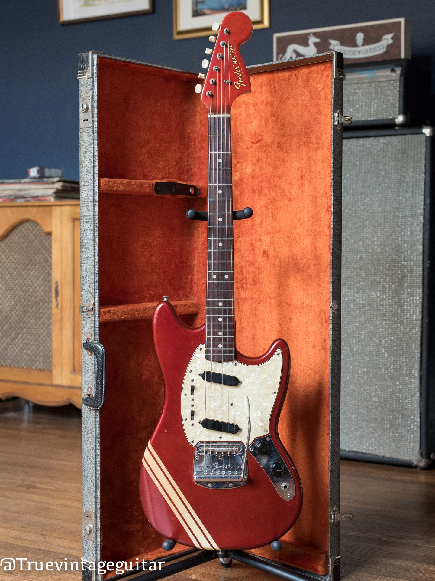 Vintage Fender Mustang guitar red white stripes 1969