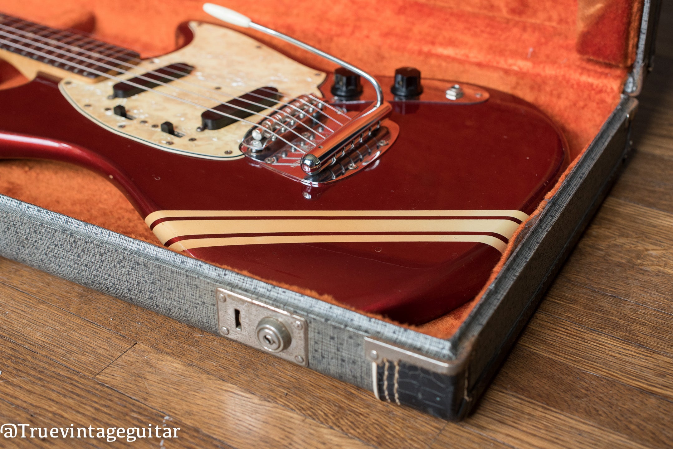 White racing stripes over red finish, 1969 Fender Mustang Competition