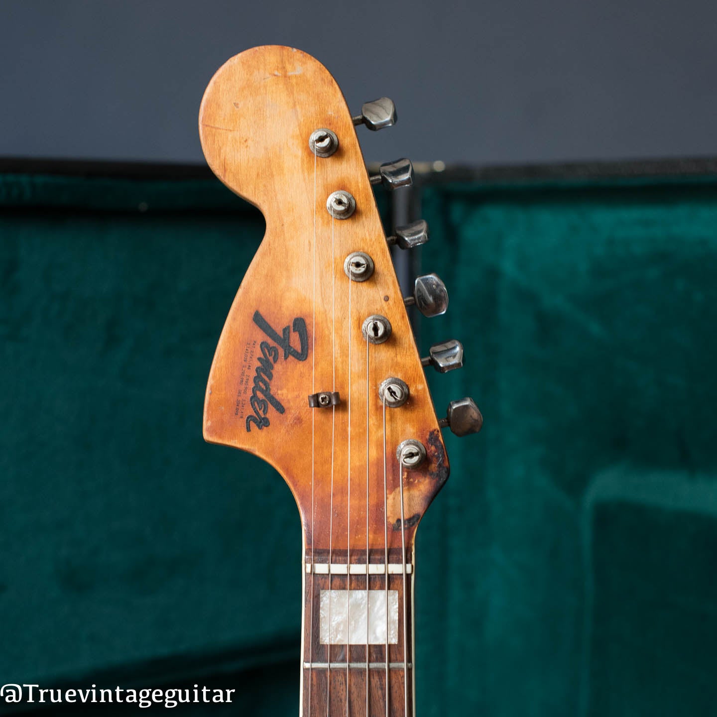 Headstock, vintage 1970 Fender Jaguar guitar left hand