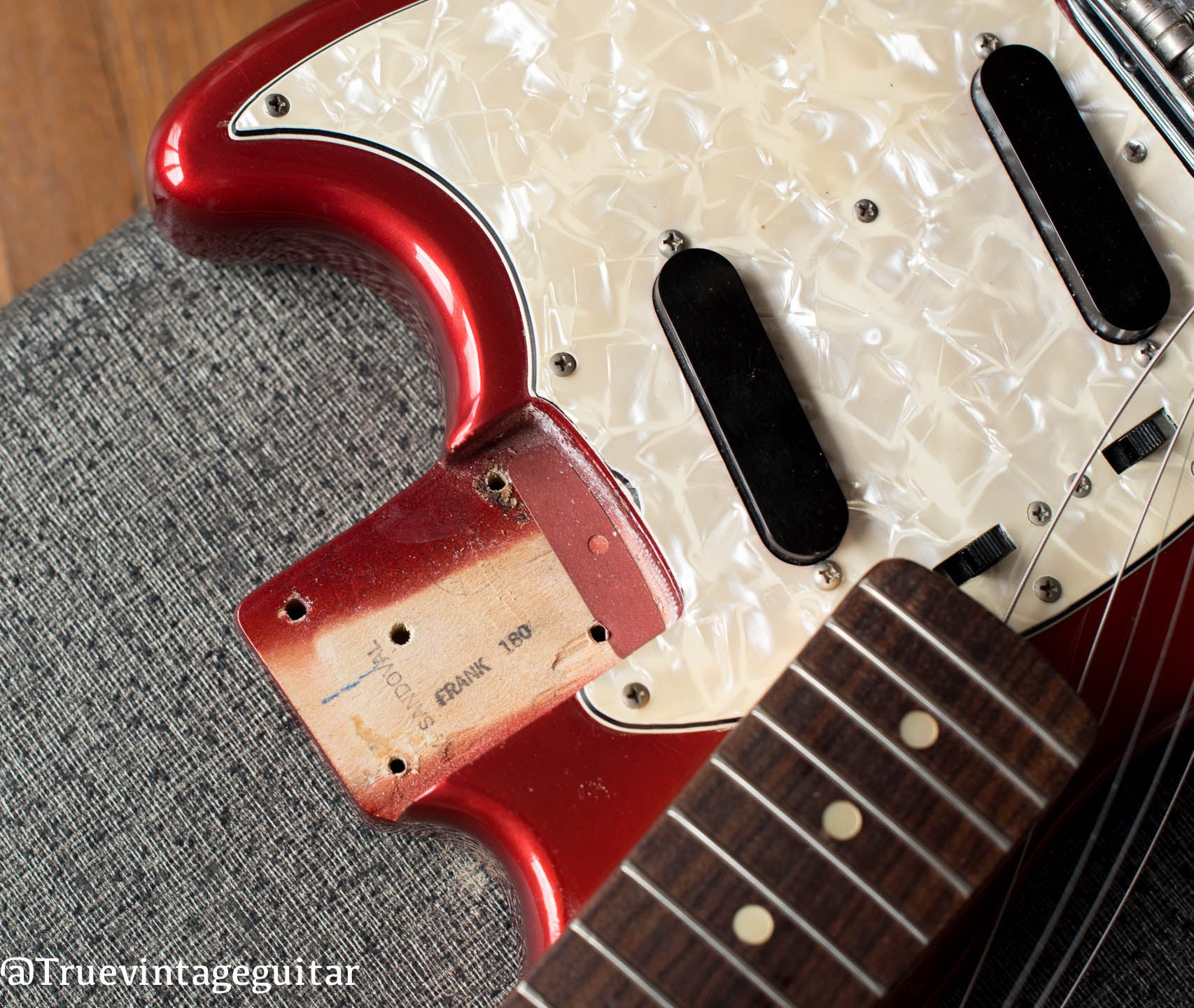 neck pocket, paint stick mark, 1974 Fender Mustang