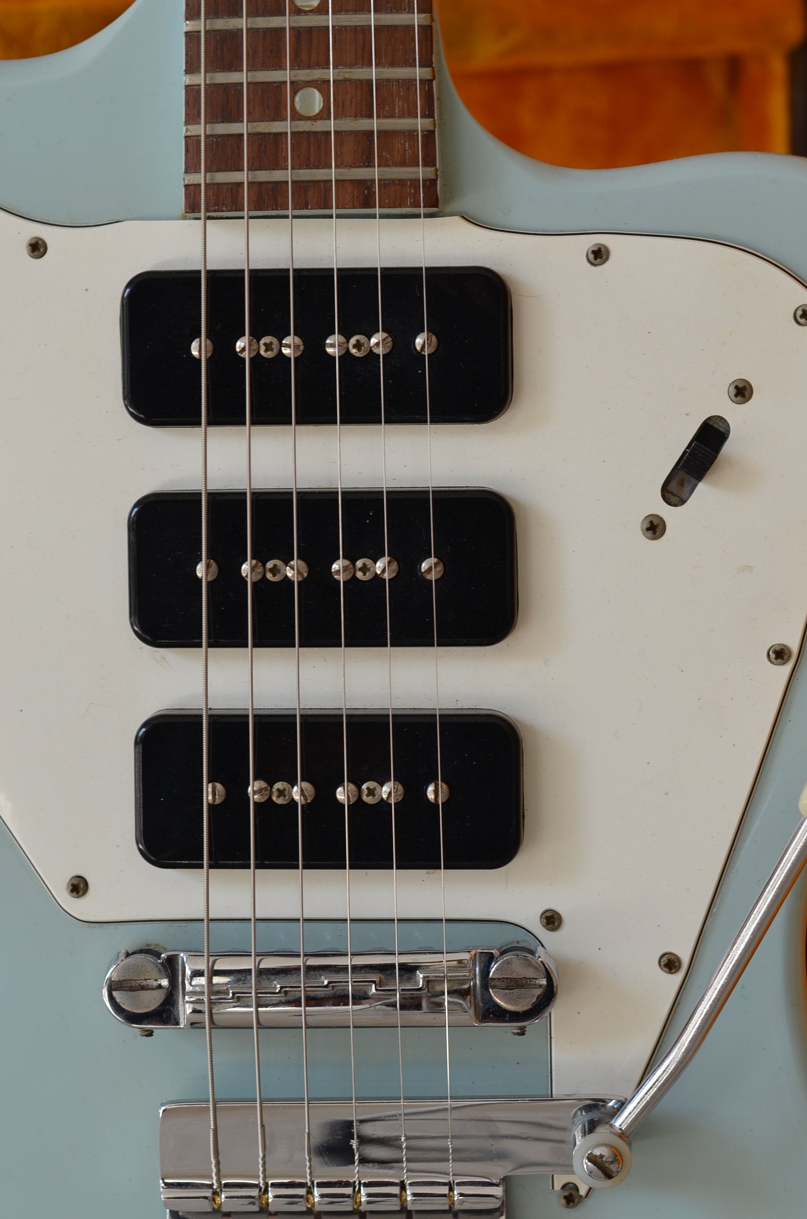 Three P-90 pickups, Vintage 1965 Gibson Firebird III electric guitar Frost Blue