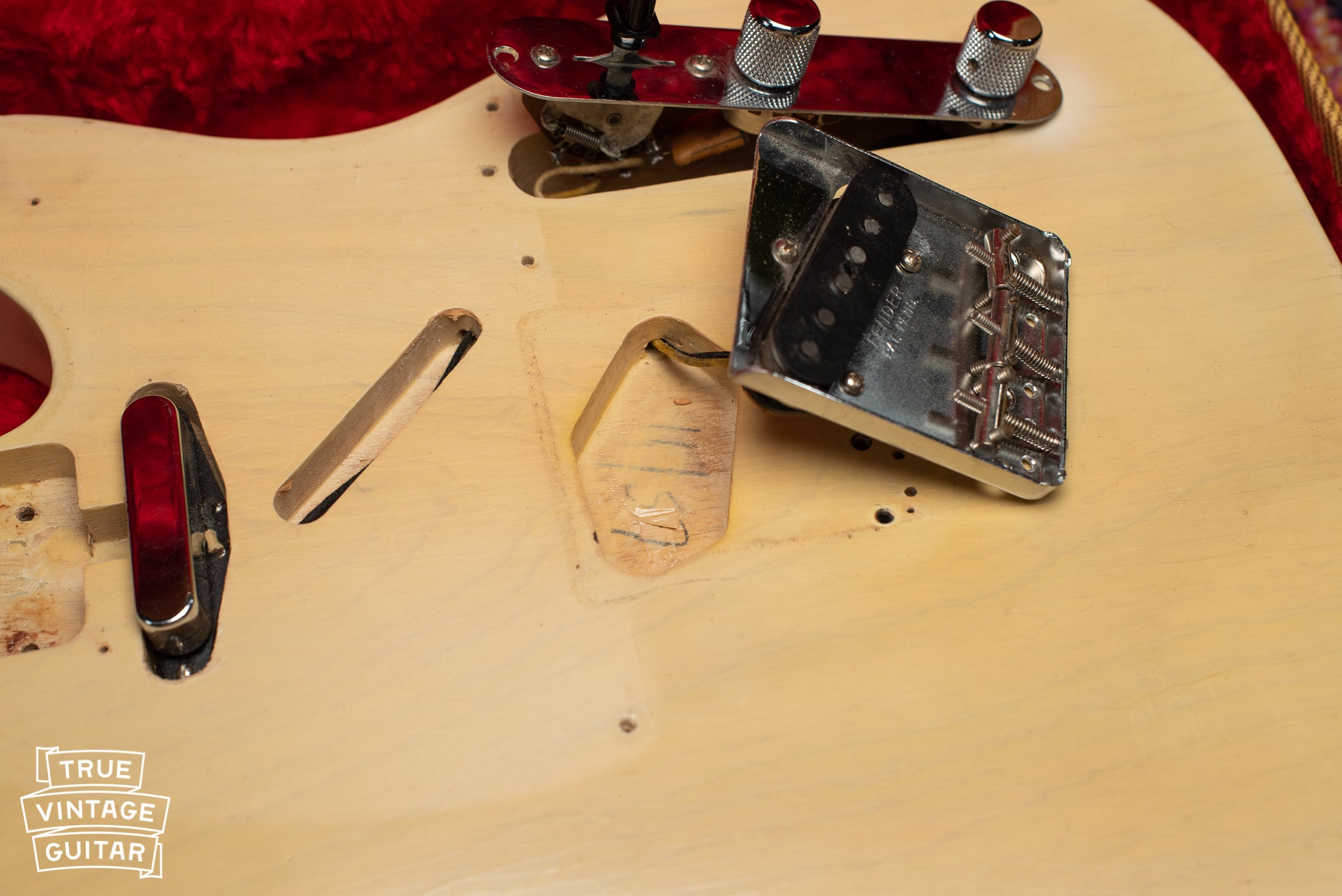 1957 Fender Telecaster Blond bridge pickup cavity, 11/57 pencil date