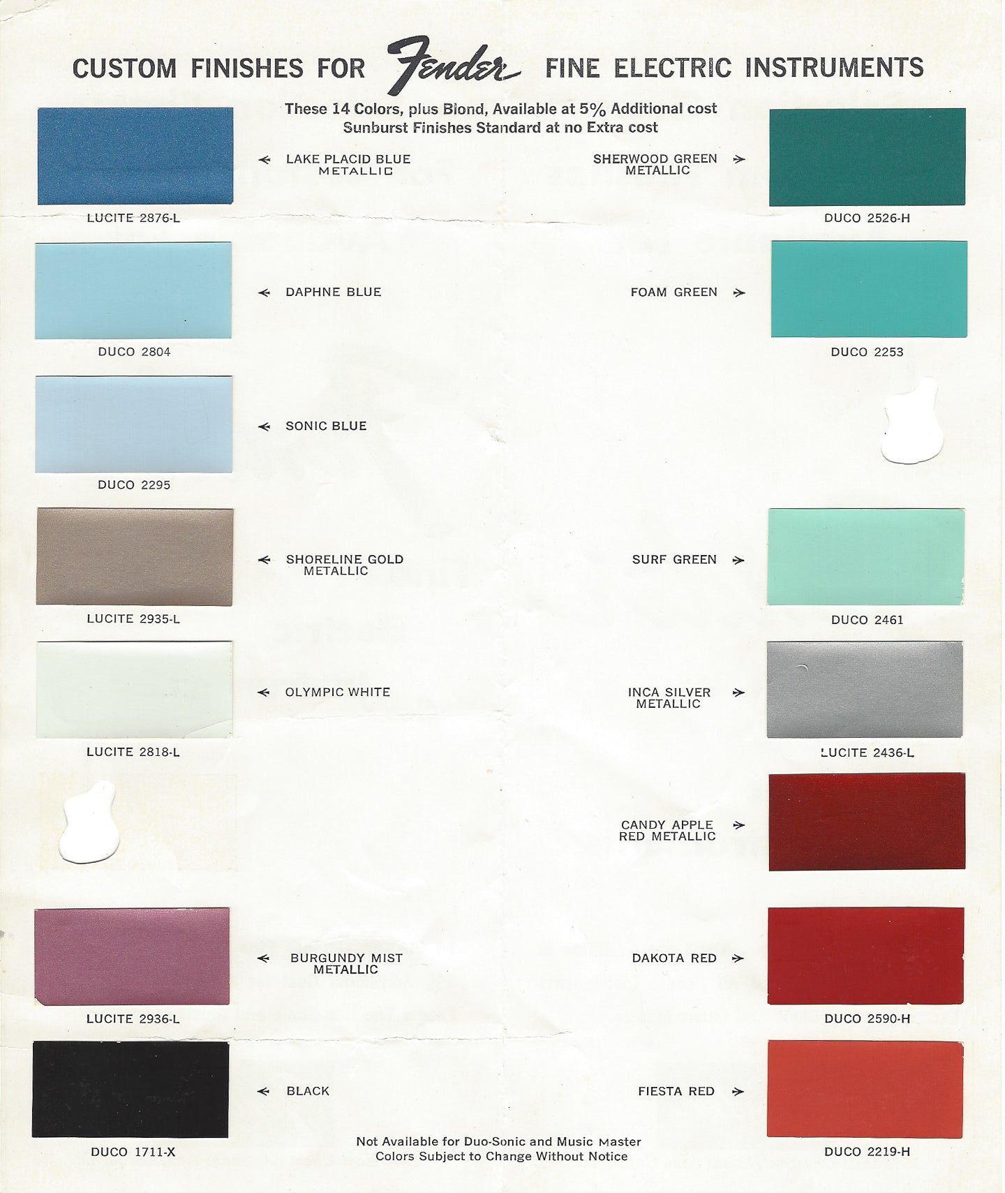 Fender guitars Custom Color Chart 1964 pre-CBS