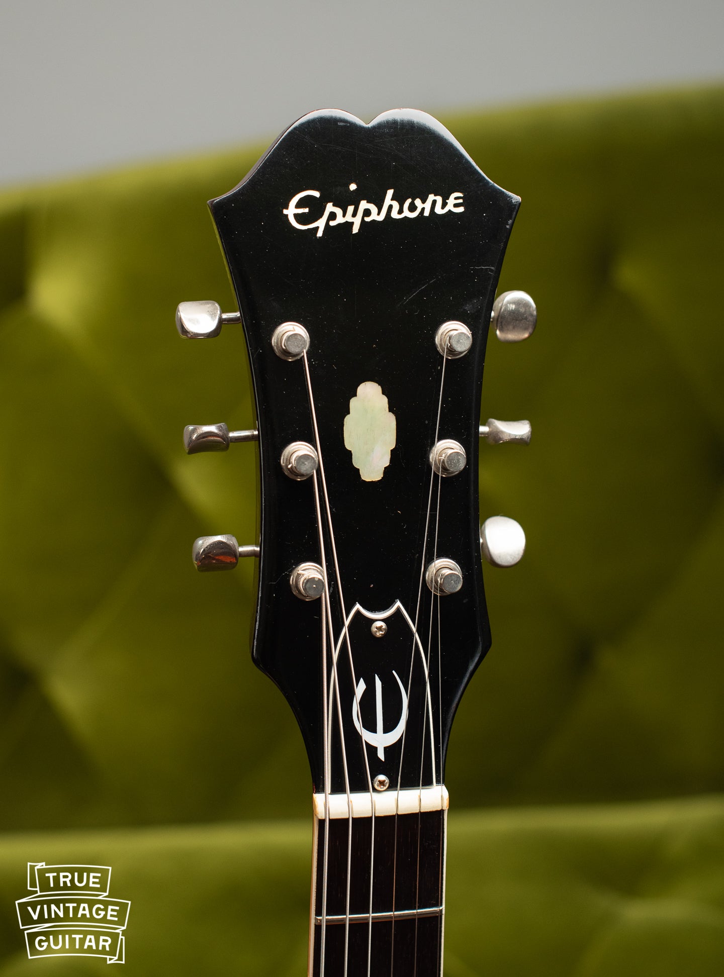 Headstock, pearl Epiphone inlay, Vintage 1967 Epiphone E360T Riviera