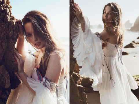 Fashion Designer and Wedding Dress Designer Lauren Elaine poes at El Matador Beach in Malibu, Californi