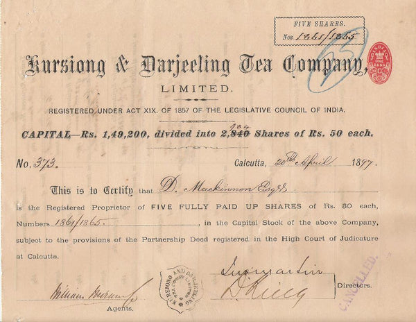 A share certificate dated 1897 of Kursiong & Darjeeling Tea Company, the first tea company of Darjeeling. 