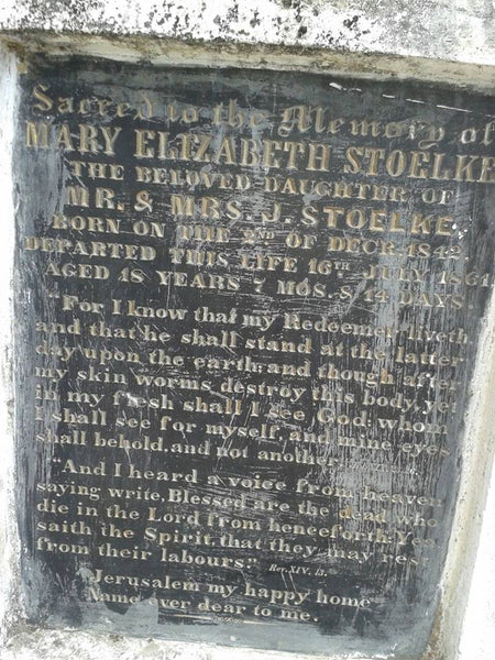 Epitaph of Mary Stoelke, daughter of Joachim and Doroethea Stolke who died in 1861, at the Darjeeling cemetery. This picture I found in Facebook group "Darjeeling Yesteryears". Since the apperance of this picture I have for this piece revised the spelling on the name Stolke to Stoelke. 