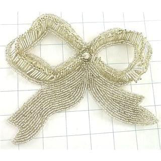 Bow Silver Sequin with Silver Beads and Rhinestone 7" x 6"