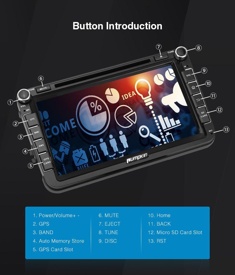 Pumpkin Android 9.0 Car Radio/Stereo for VW Passat Golf Tiguan Polo Jetta Series Octa-Core Double Din 8 inch Touchscreen RAM:4GB + ROM:32GB