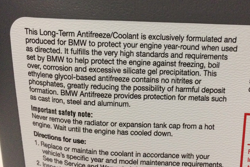 Back of BMW coolant jug that says no phosphates are in the formulation.