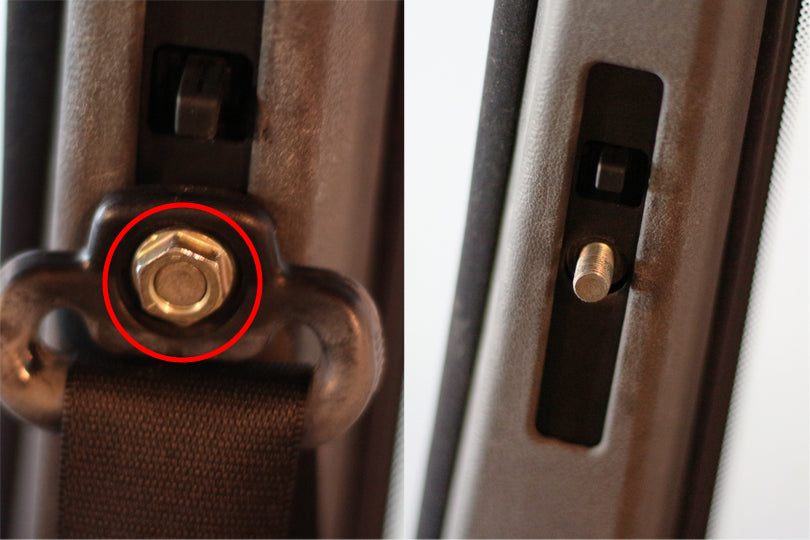 Nut on the B pillar that needs to be removed is circled in red.