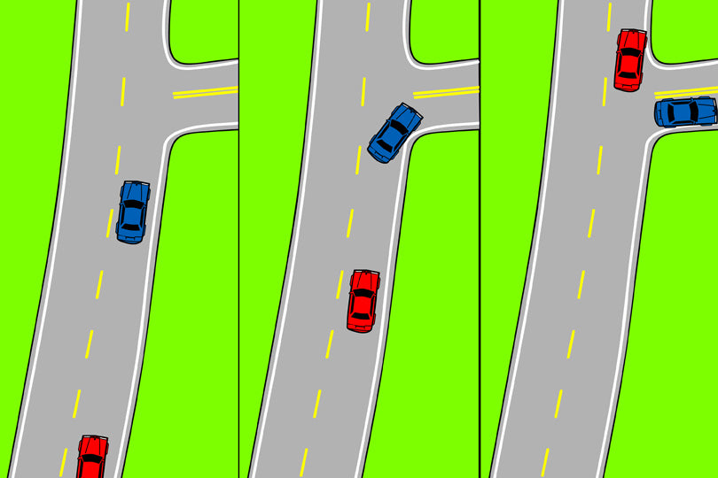 Infographic showing a large following distance to a turning car is a faster strategy than following closely.